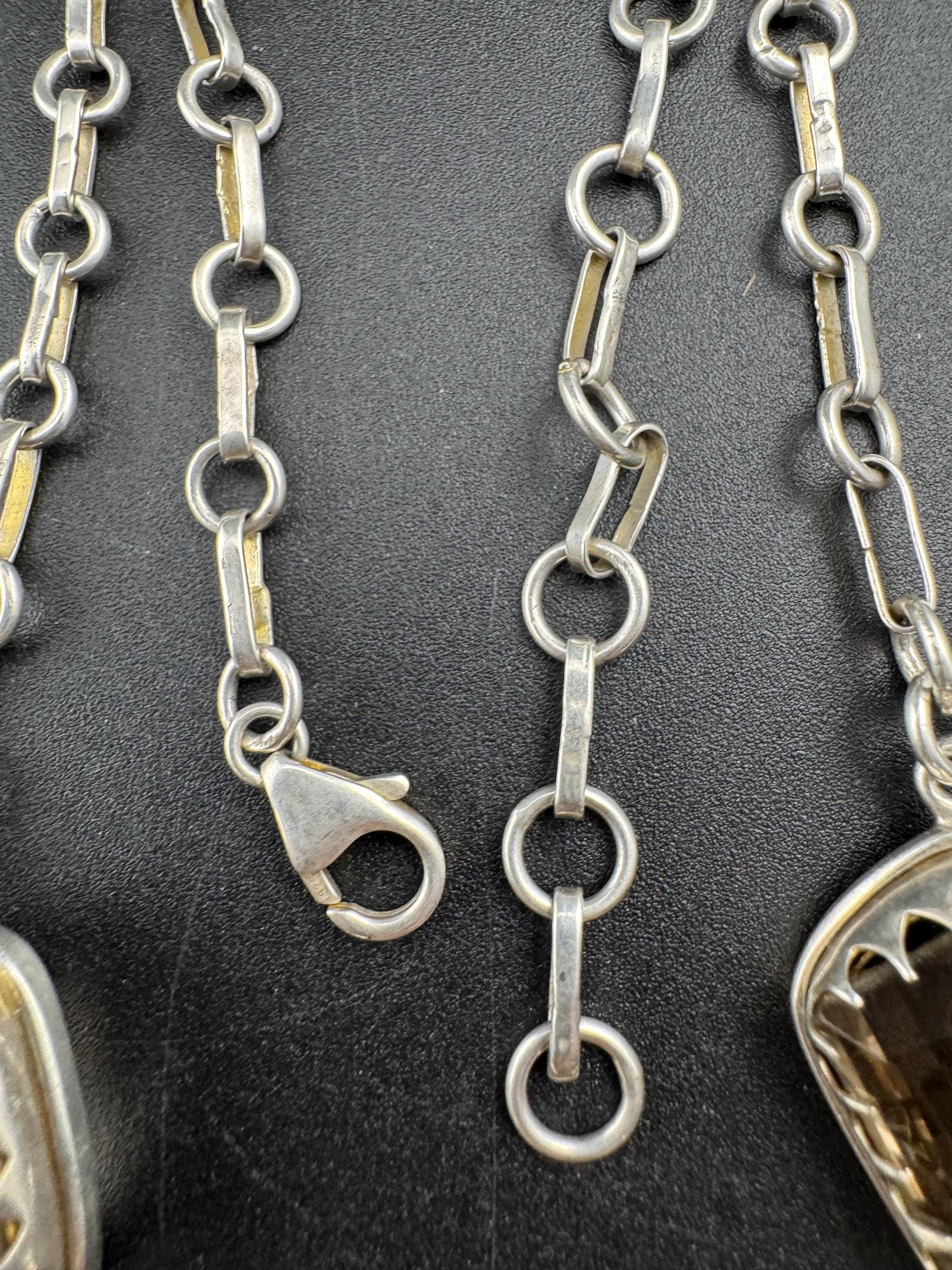 vintage sterling silver 925 chunky brown natural smoky quartz gemstone chunky cabochon necklace 41cm