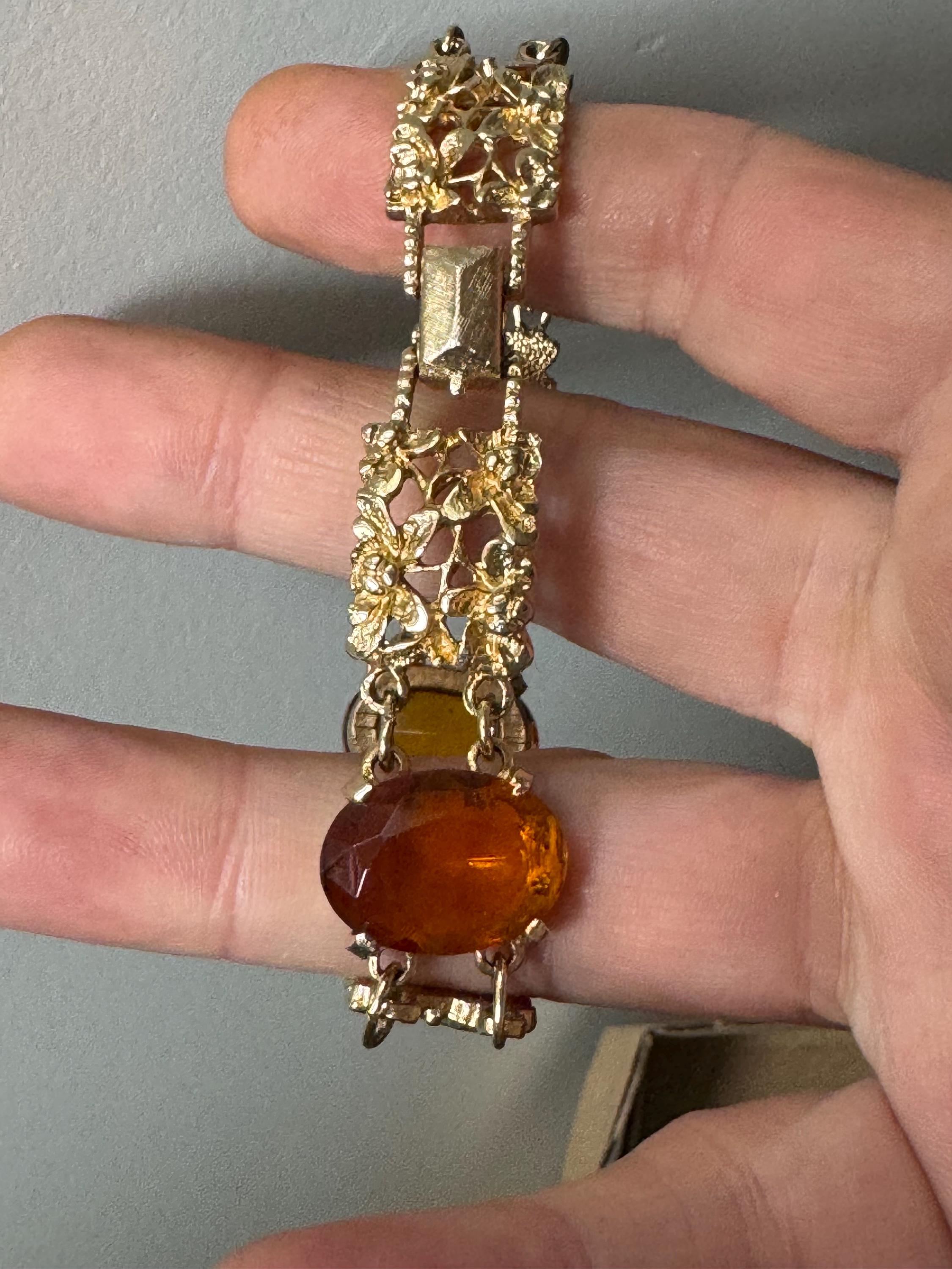 Vintage cocktail bracelet citrine Glass Cabochon Gold Tone panel link 1960s MCM