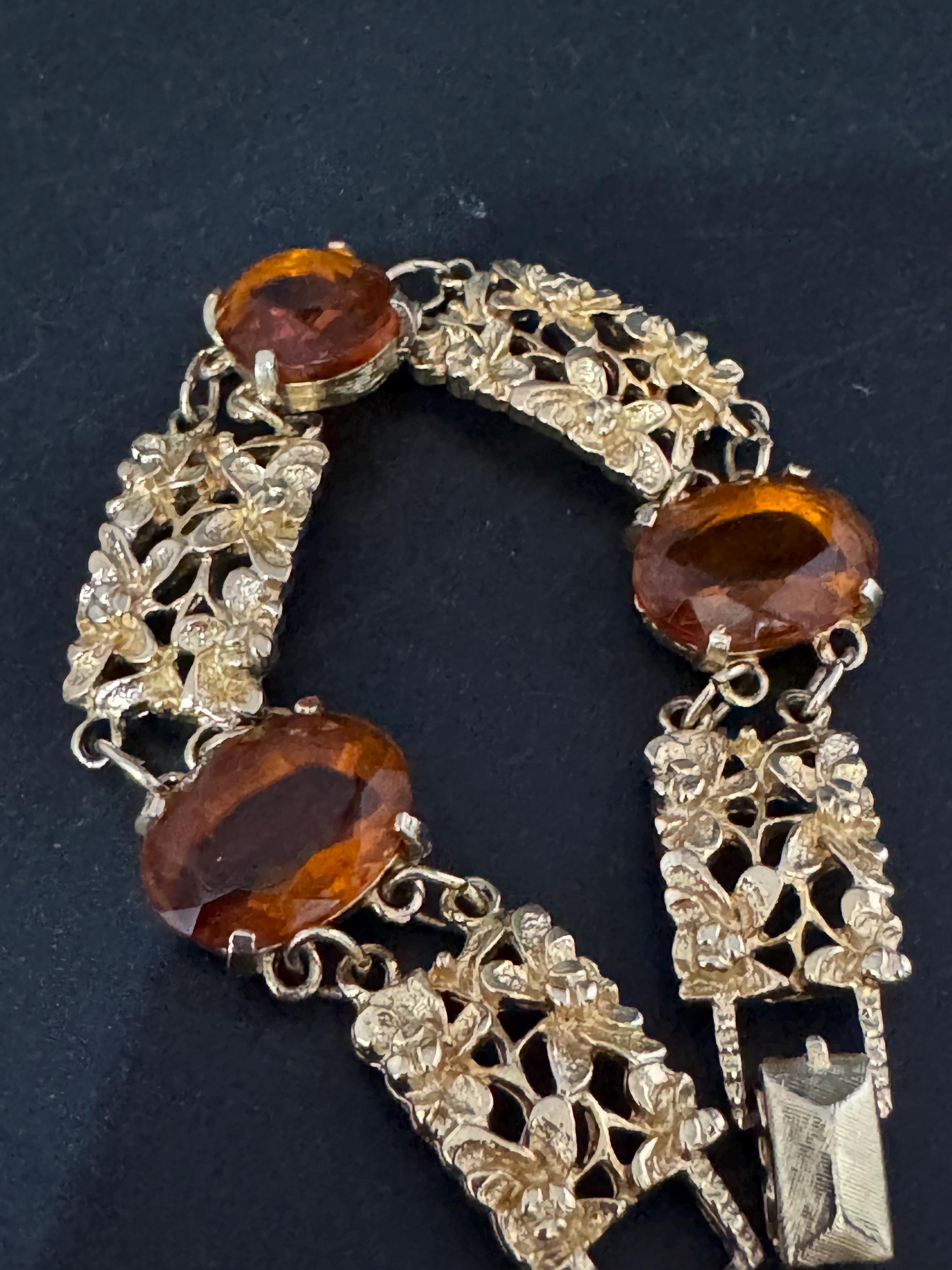 Vintage cocktail bracelet citrine Glass Cabochon Gold Tone panel link 1960s MCM