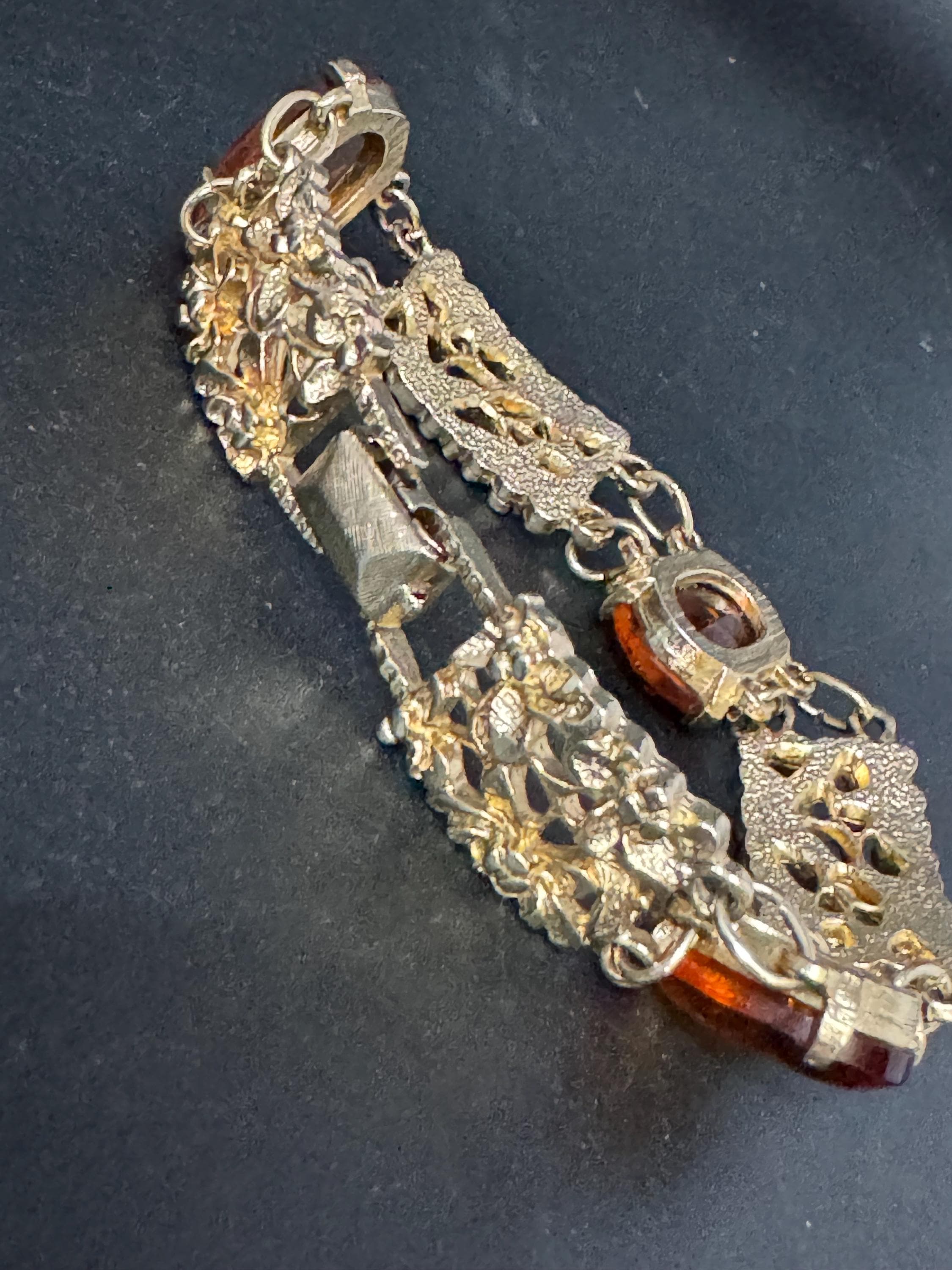 Vintage cocktail bracelet citrine Glass Cabochon Gold Tone panel link 1960s MCM