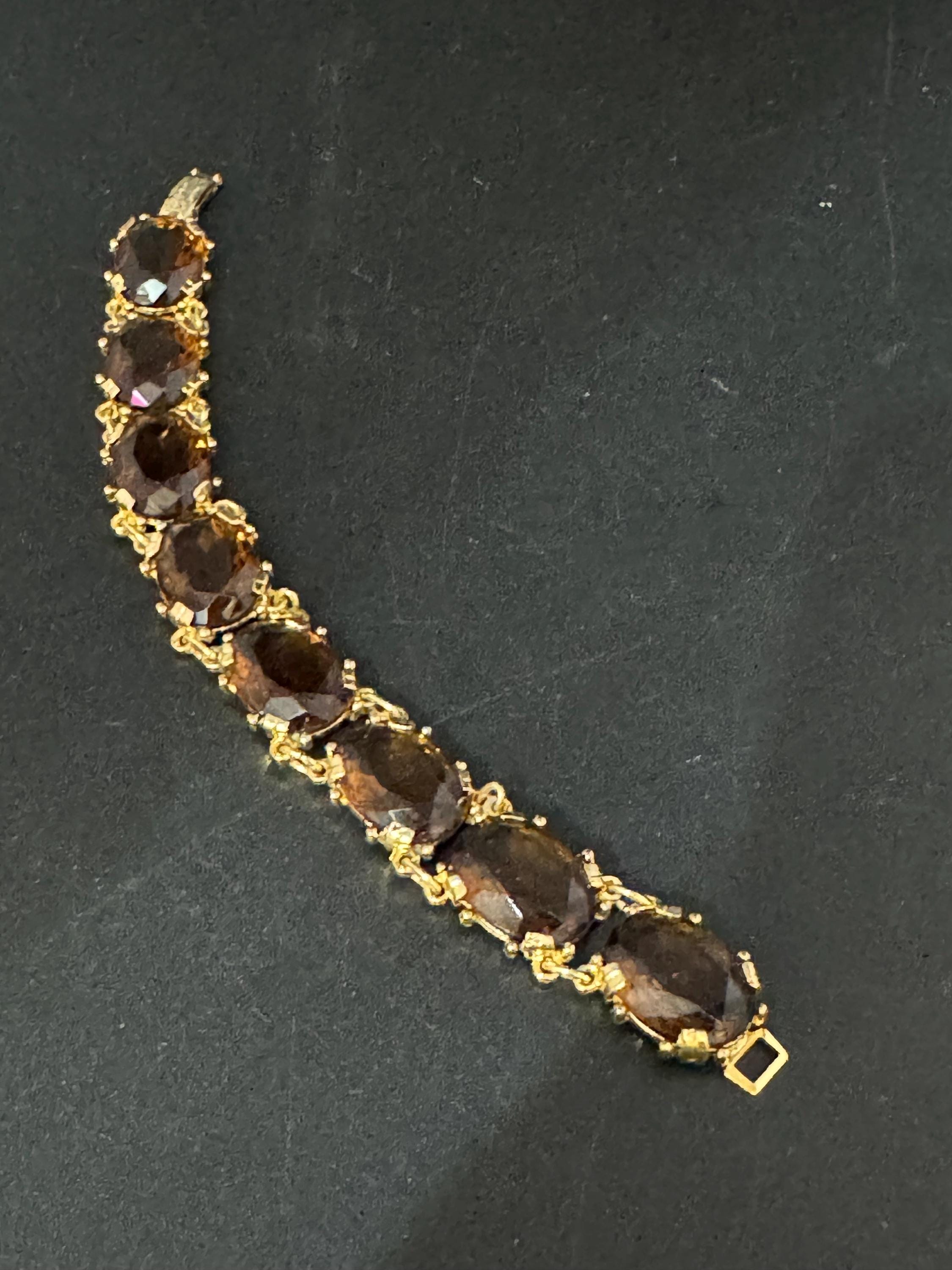 Vintage cocktail bracelet citrine brown cognac glass Glass Cabochon Gold panel link 1960s