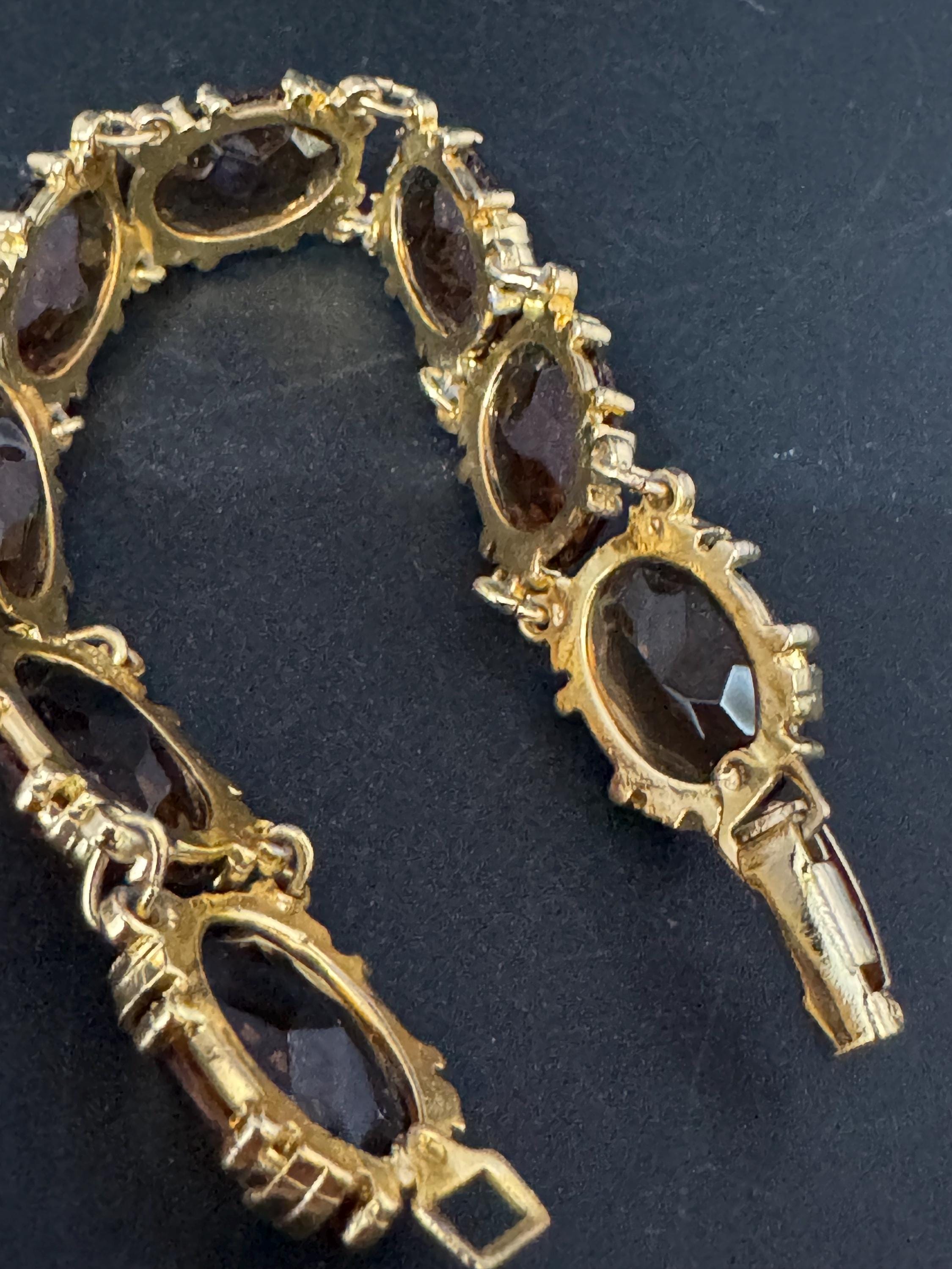 Vintage cocktail bracelet citrine brown cognac glass Glass Cabochon Gold panel link 1960s