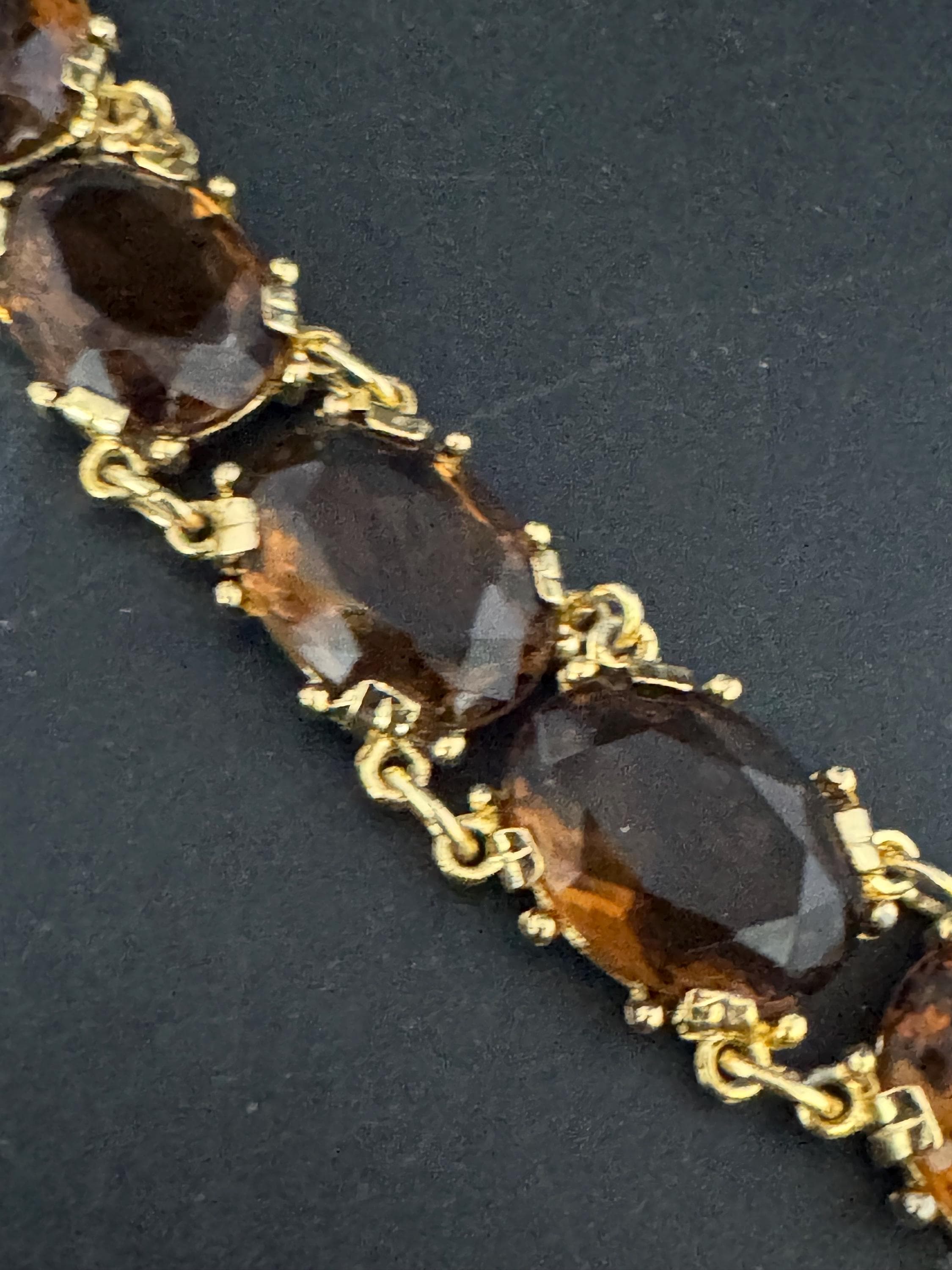 Vintage cocktail bracelet citrine brown cognac glass Glass Cabochon Gold panel link 1960s