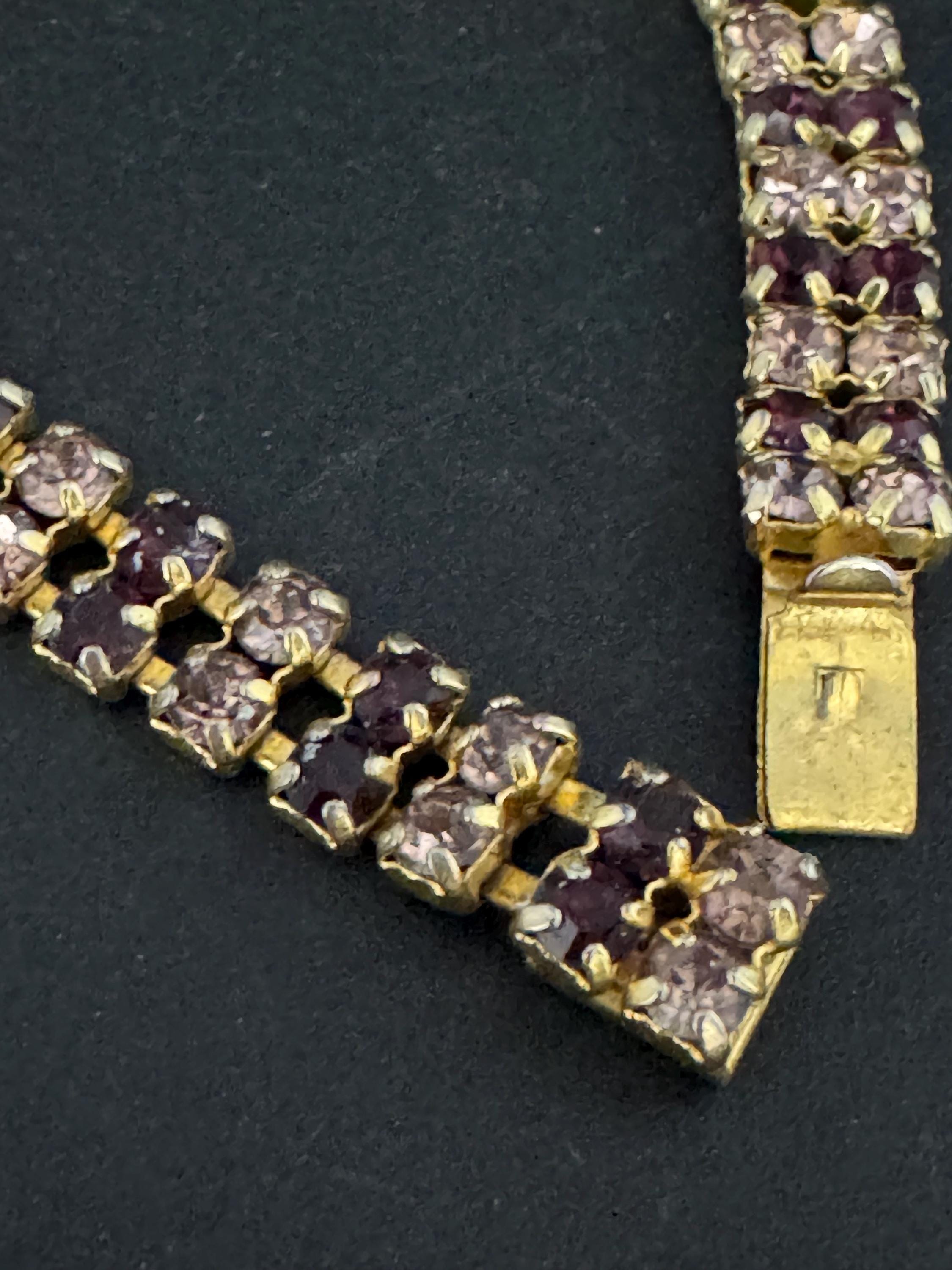 Vintage purple and pink rhinestone cocktail bracelet, gold tone