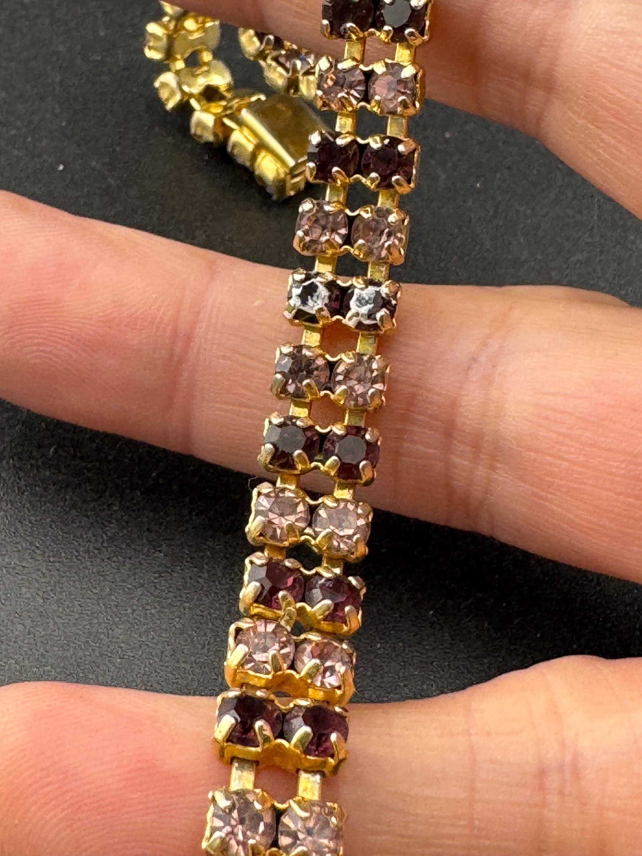 Vintage purple and pink rhinestone cocktail bracelet, gold tone