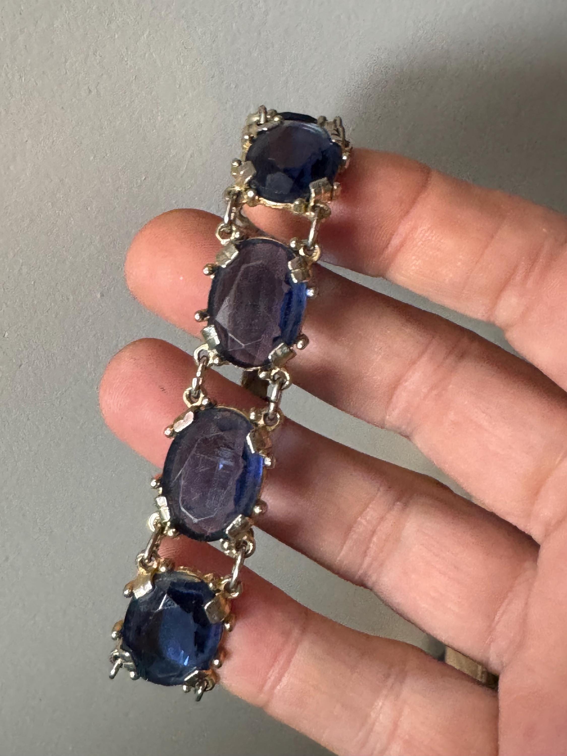 Vintage sapphire blue rhinestone cocktail bracelet , gold tone mid century