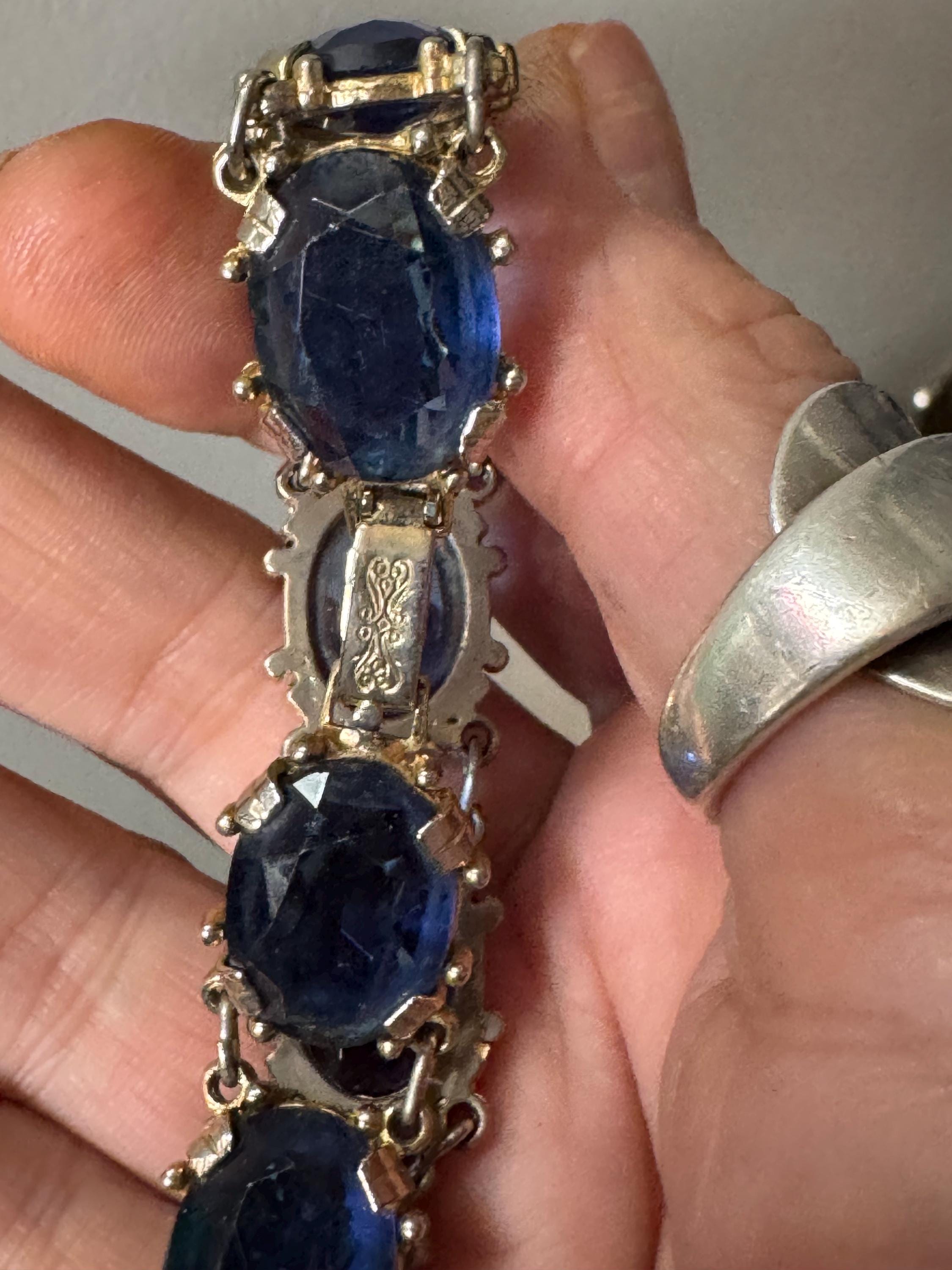 Vintage sapphire blue rhinestone cocktail bracelet , gold tone mid century
