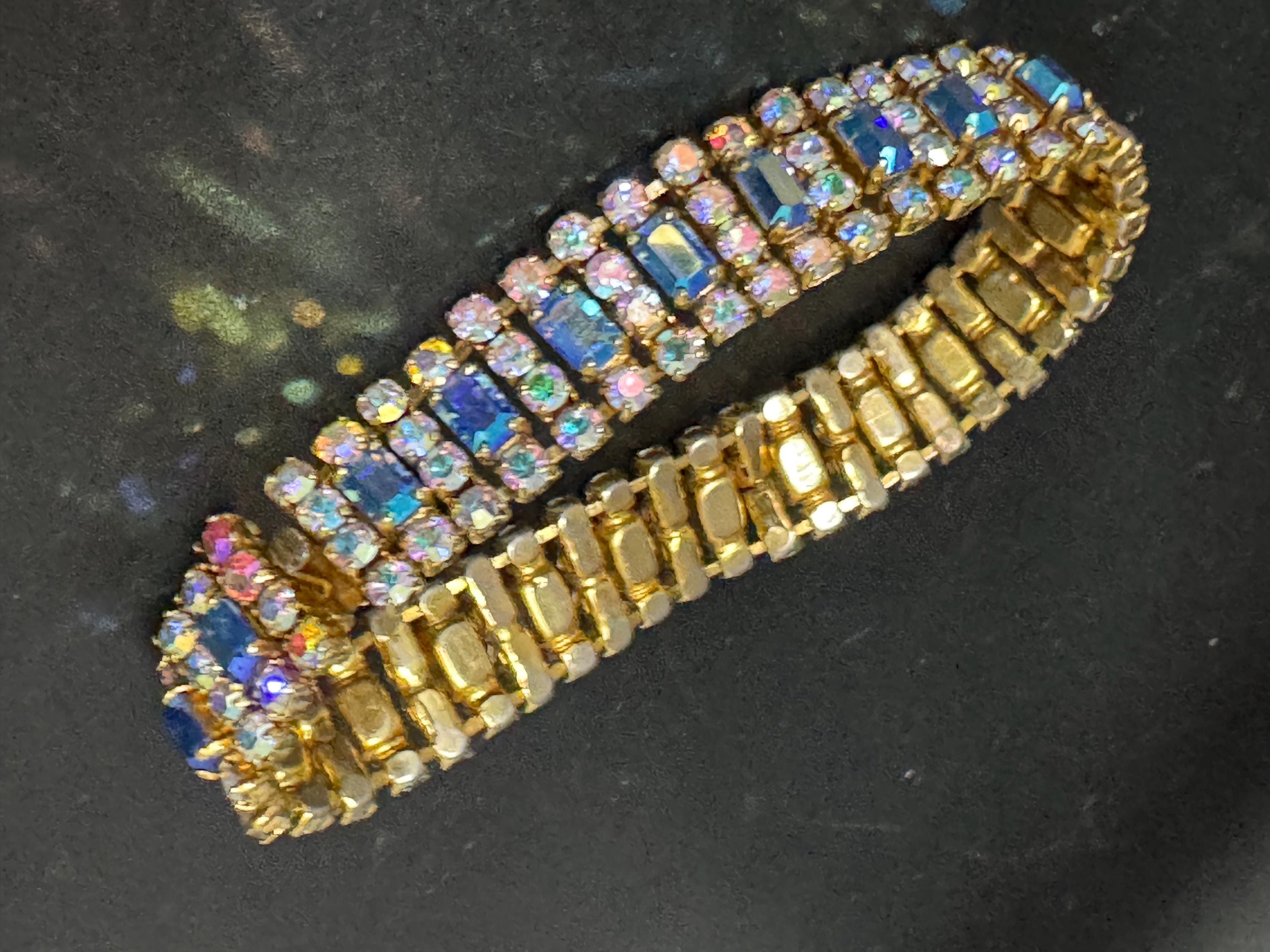 Vintage AB blue Diamanté gold tone sapphire rhinestone cocktail Bracelet