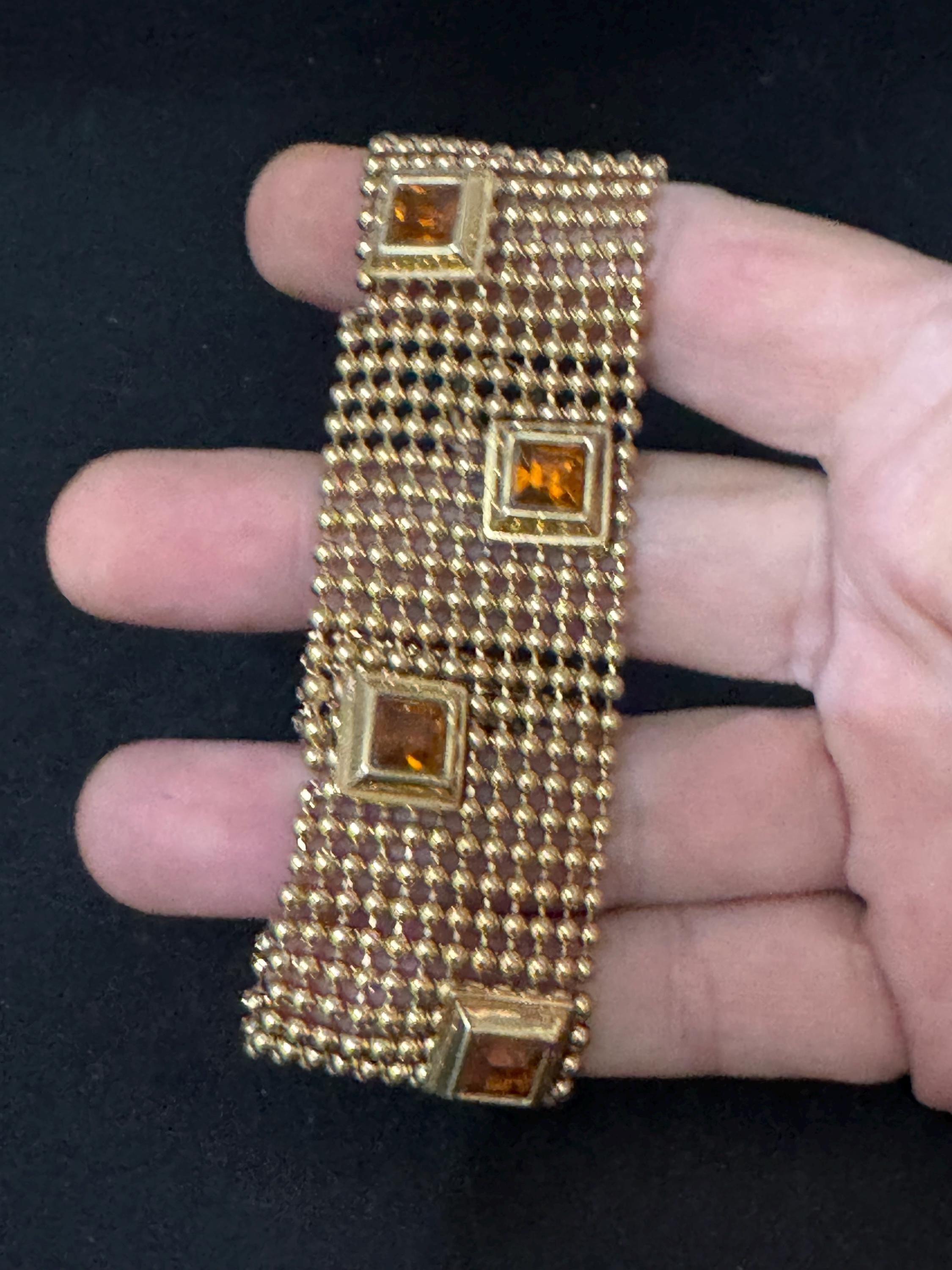 As found Vintage gold ball bead amber rhinestone wide mesh bracelet