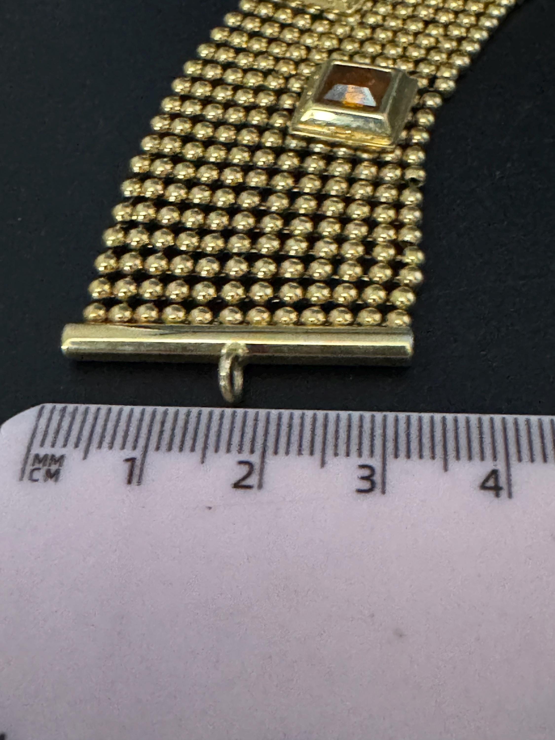 As found Vintage gold ball bead amber rhinestone wide mesh bracelet
