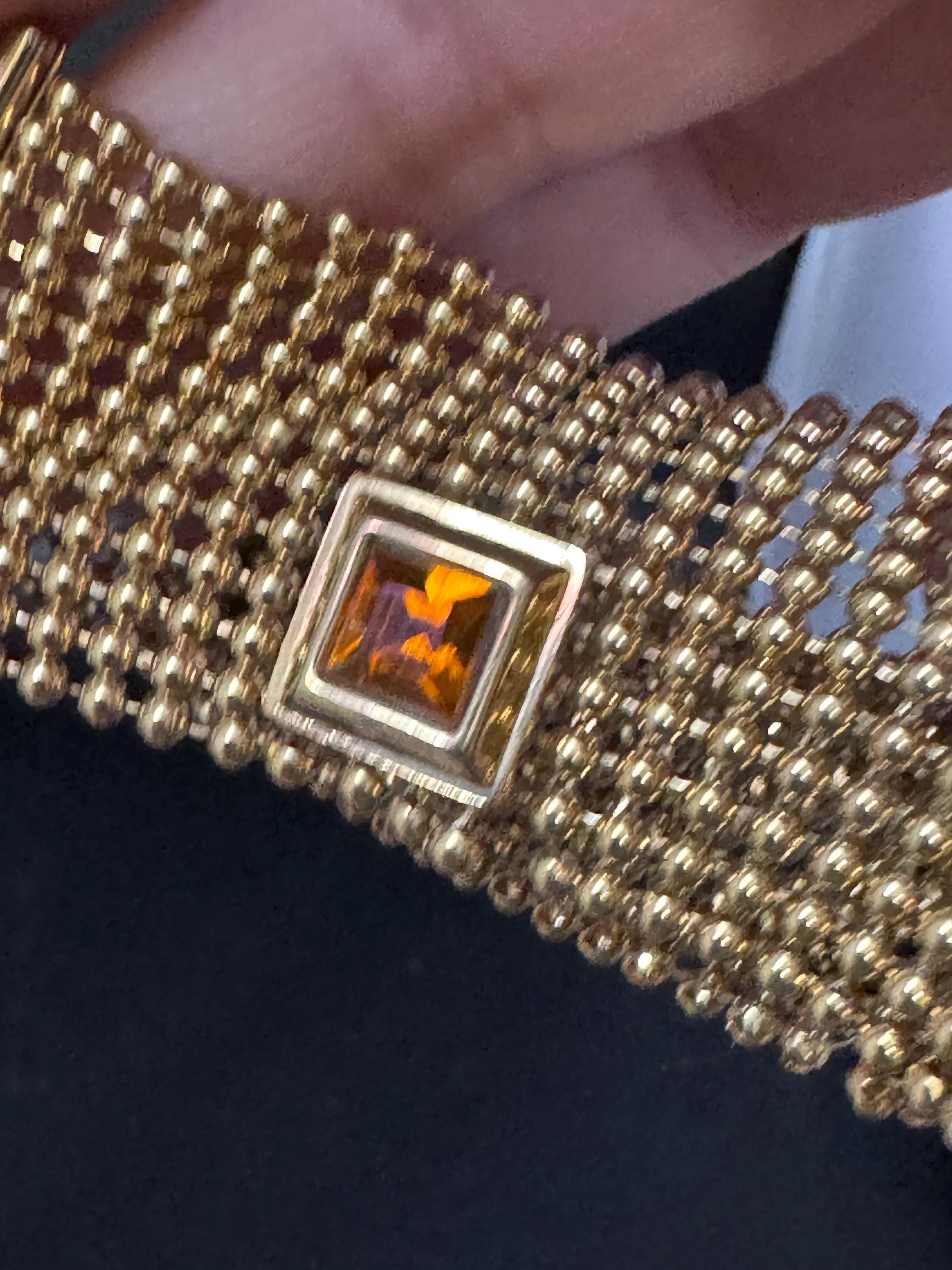 As found Vintage gold ball bead amber rhinestone wide mesh bracelet