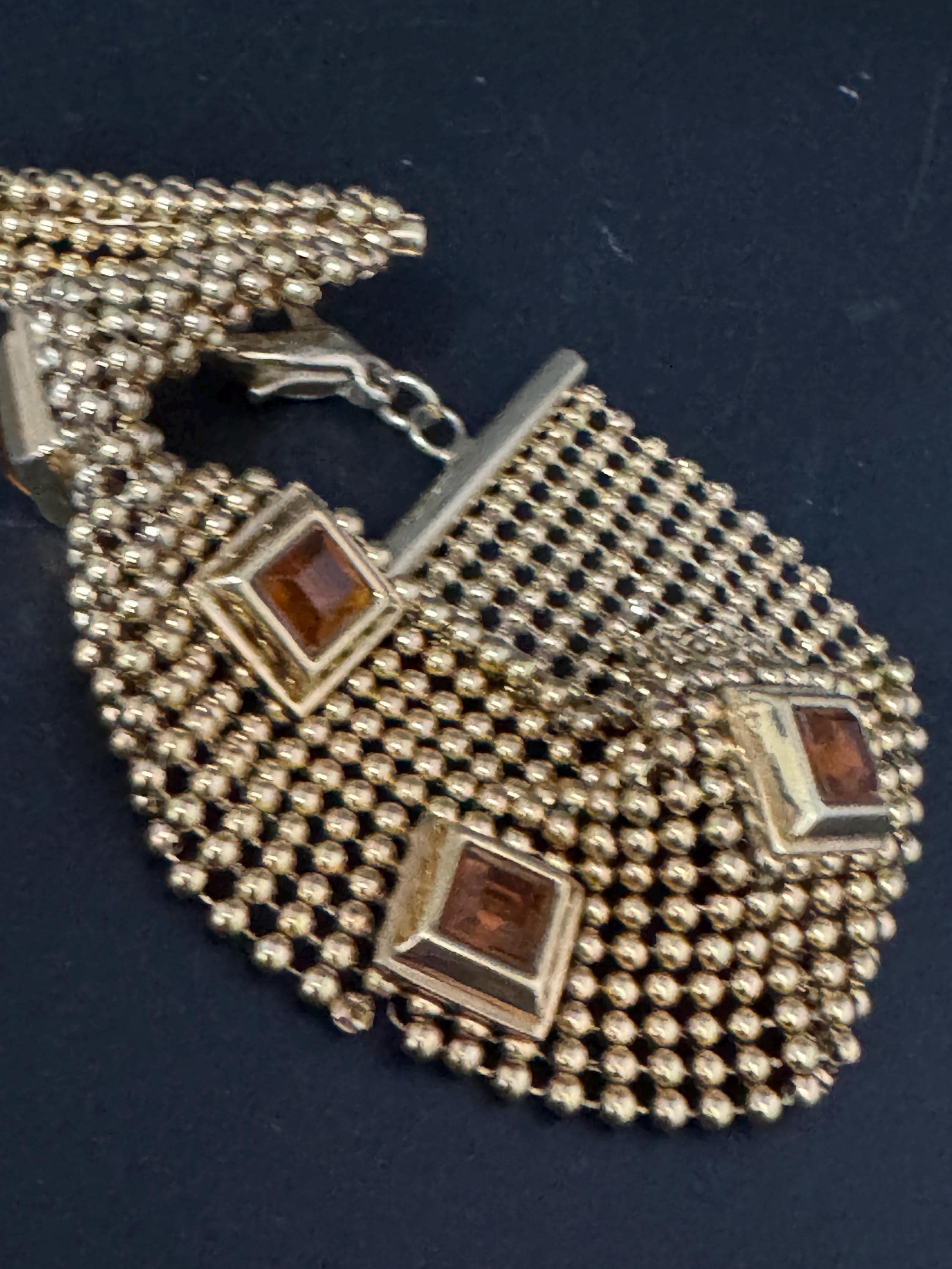 As found Vintage gold ball bead amber rhinestone wide mesh bracelet