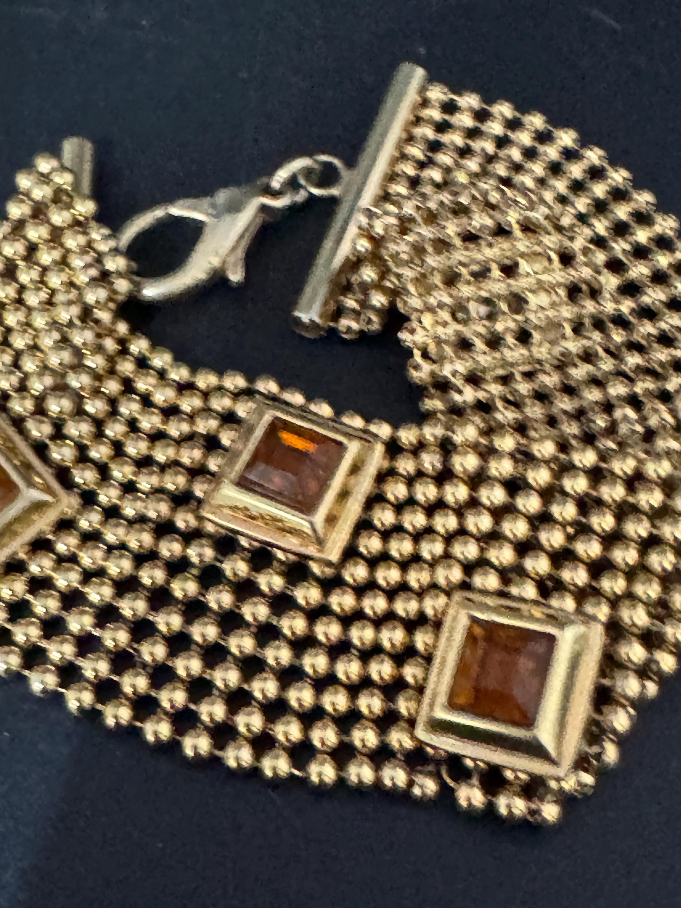 As found Vintage gold ball bead amber rhinestone wide mesh bracelet