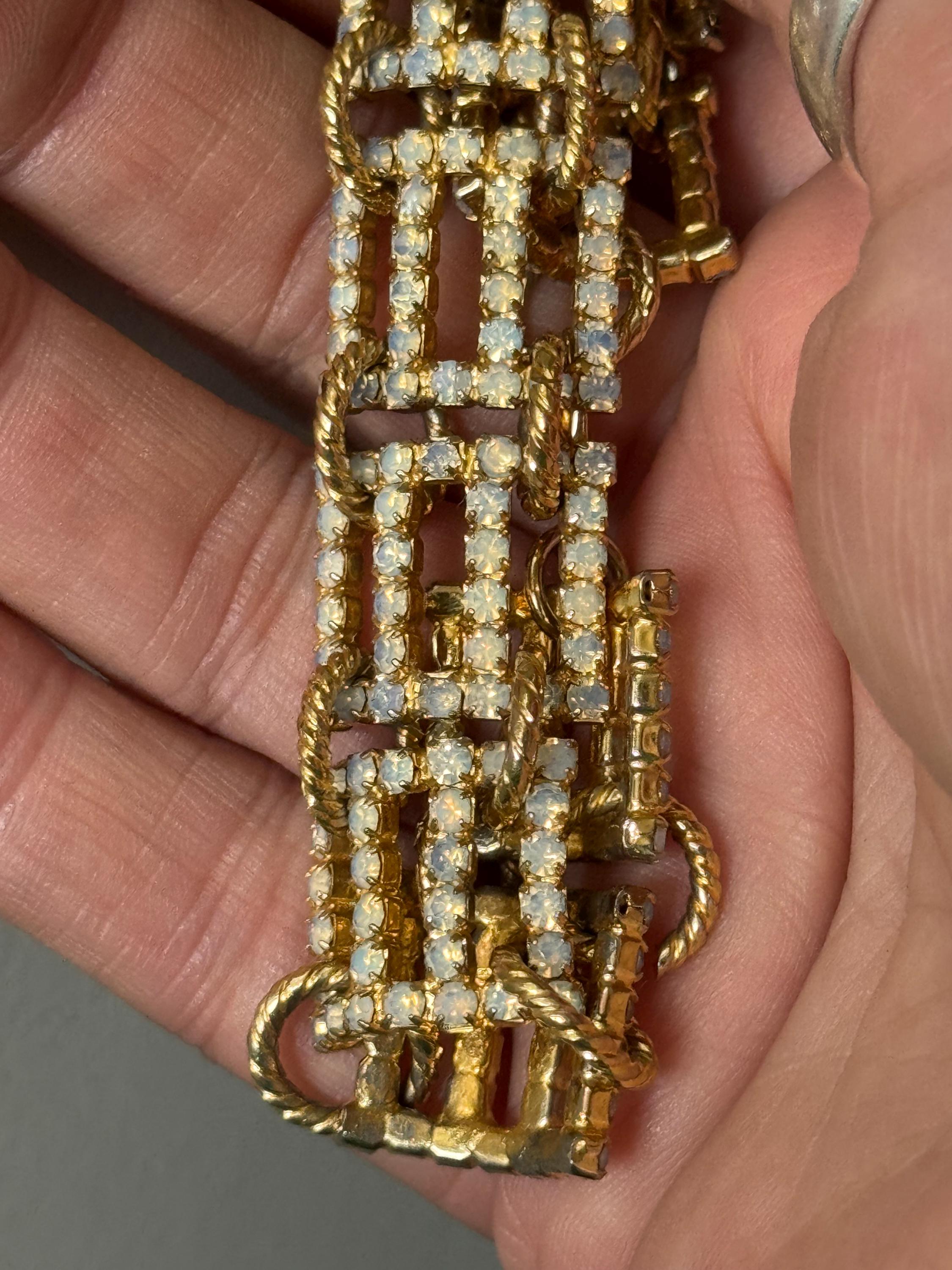 Vintage white opaline cocktail bracelet, frosted Diamanté gold tone rhinestone