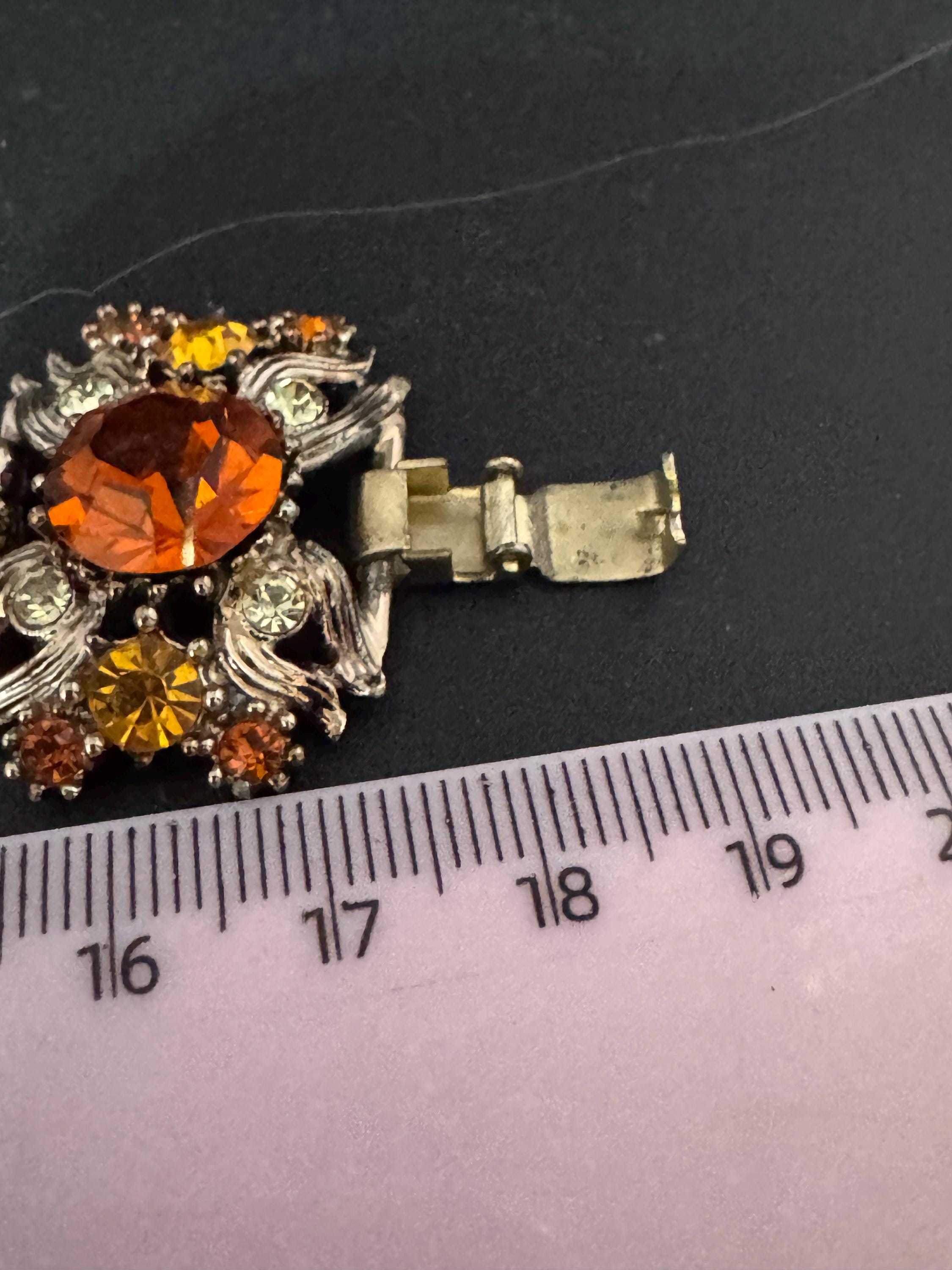 Vintage orange rhinestone Glass Gold Tone cocktail bracelet, mid century