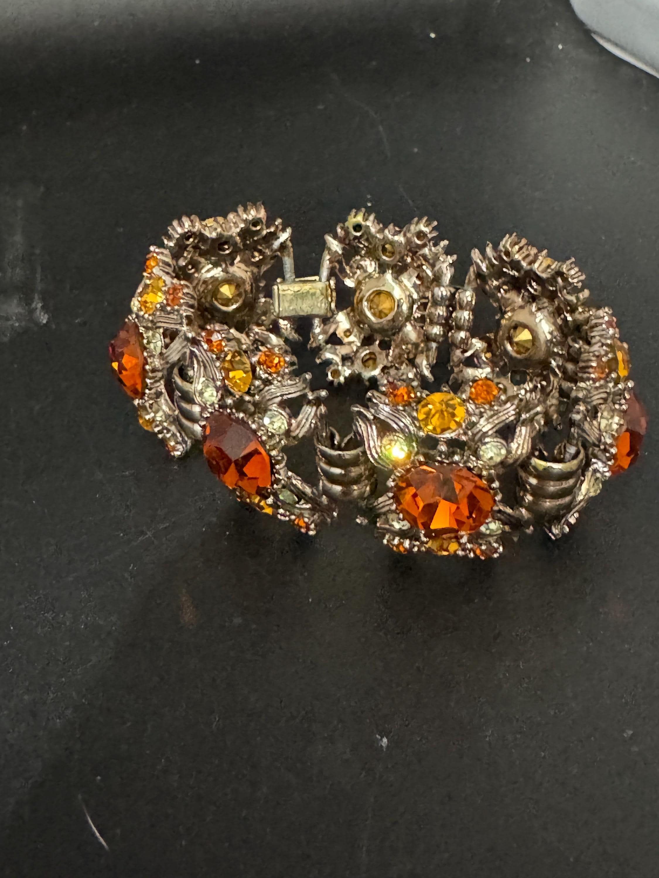Vintage orange rhinestone Glass Gold Tone cocktail bracelet, mid century