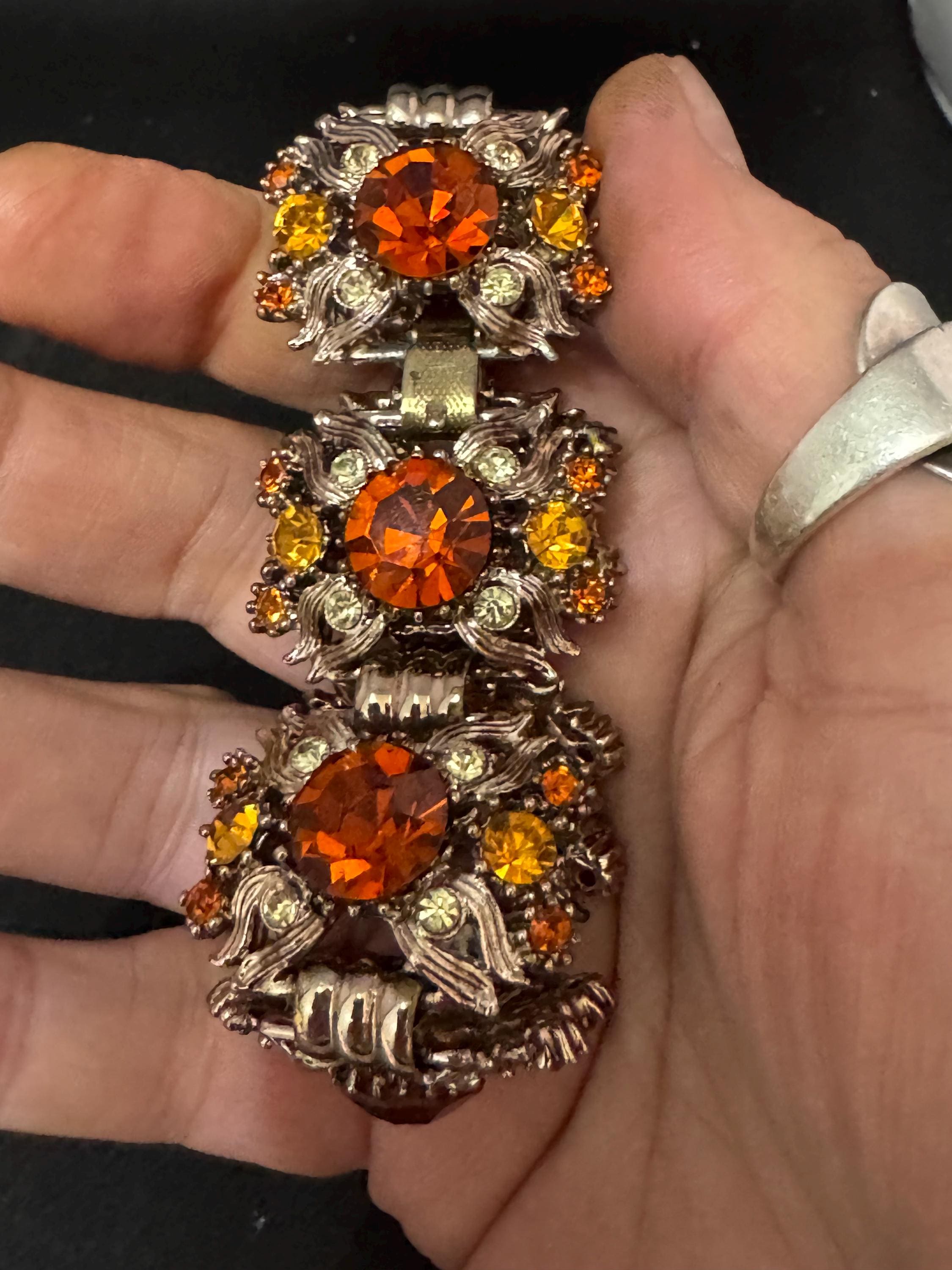Vintage orange rhinestone Glass Gold Tone cocktail bracelet, mid century