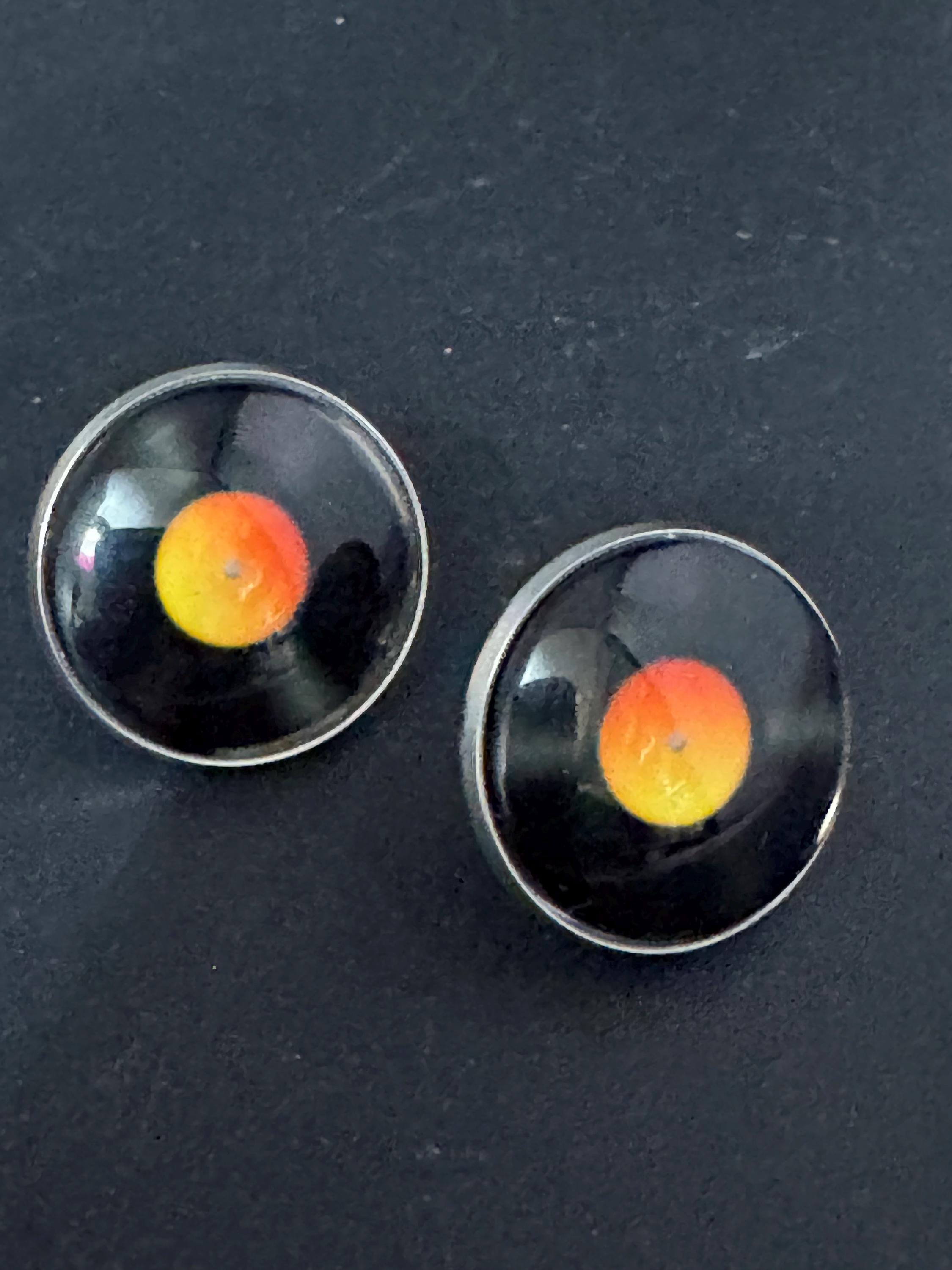 Retro Vinyl Record Stud Earrings: Black Orange Stainless Steel 20mm