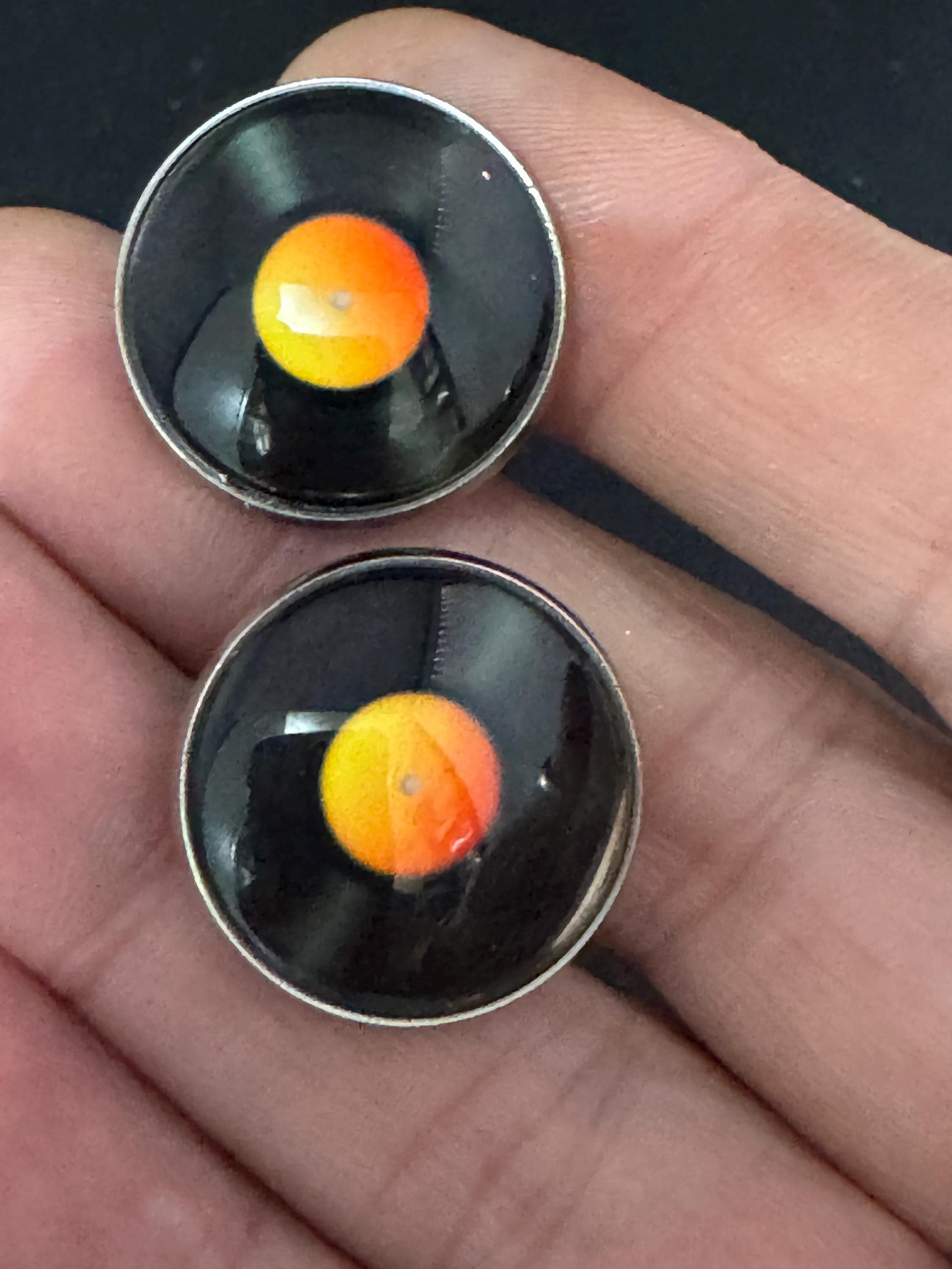 Retro Vinyl Record Stud Earrings: Black Orange Stainless Steel 20mm