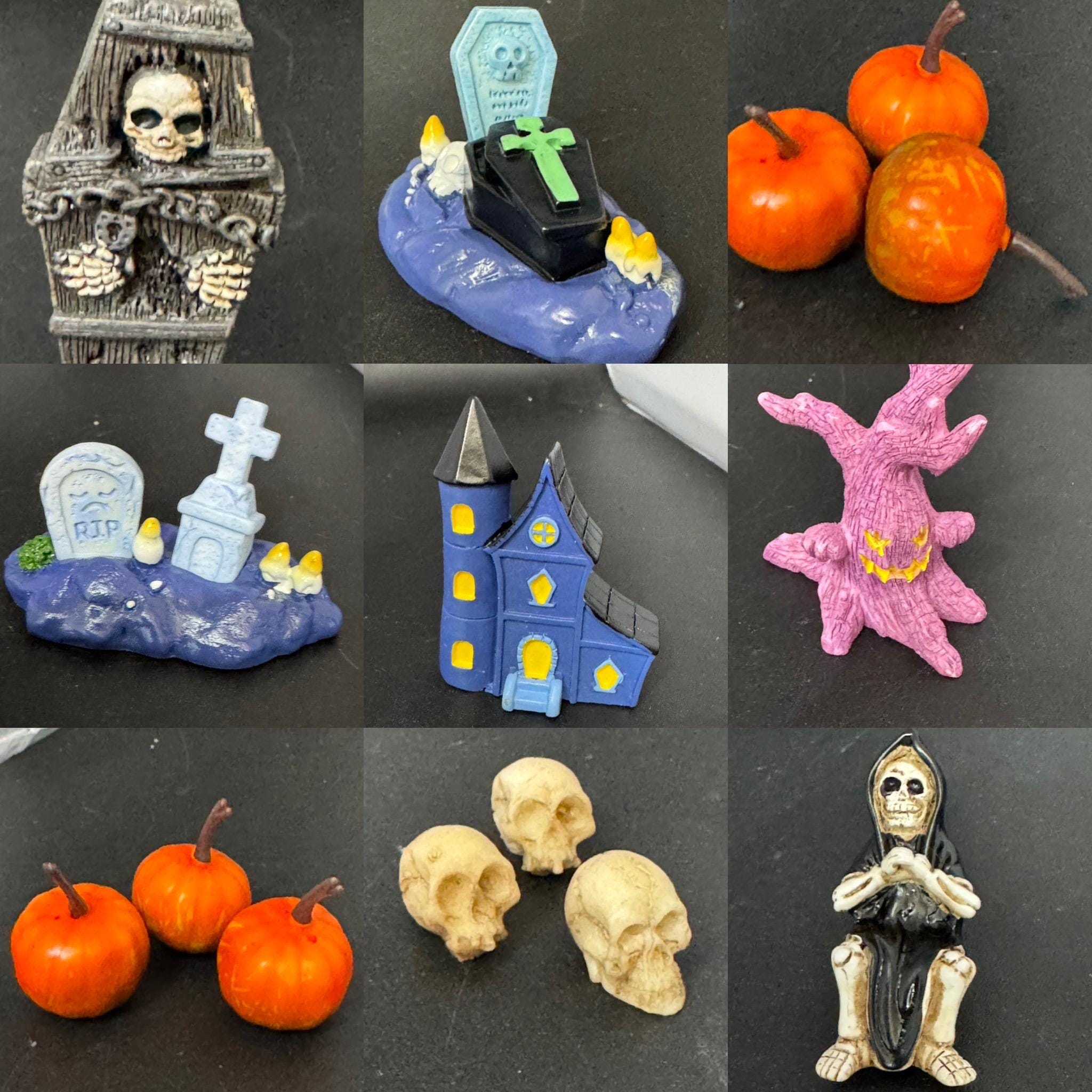 Miniature spooky Halloween skeleton in a coffin cake topper decorations, craft scenery, reusable plastic