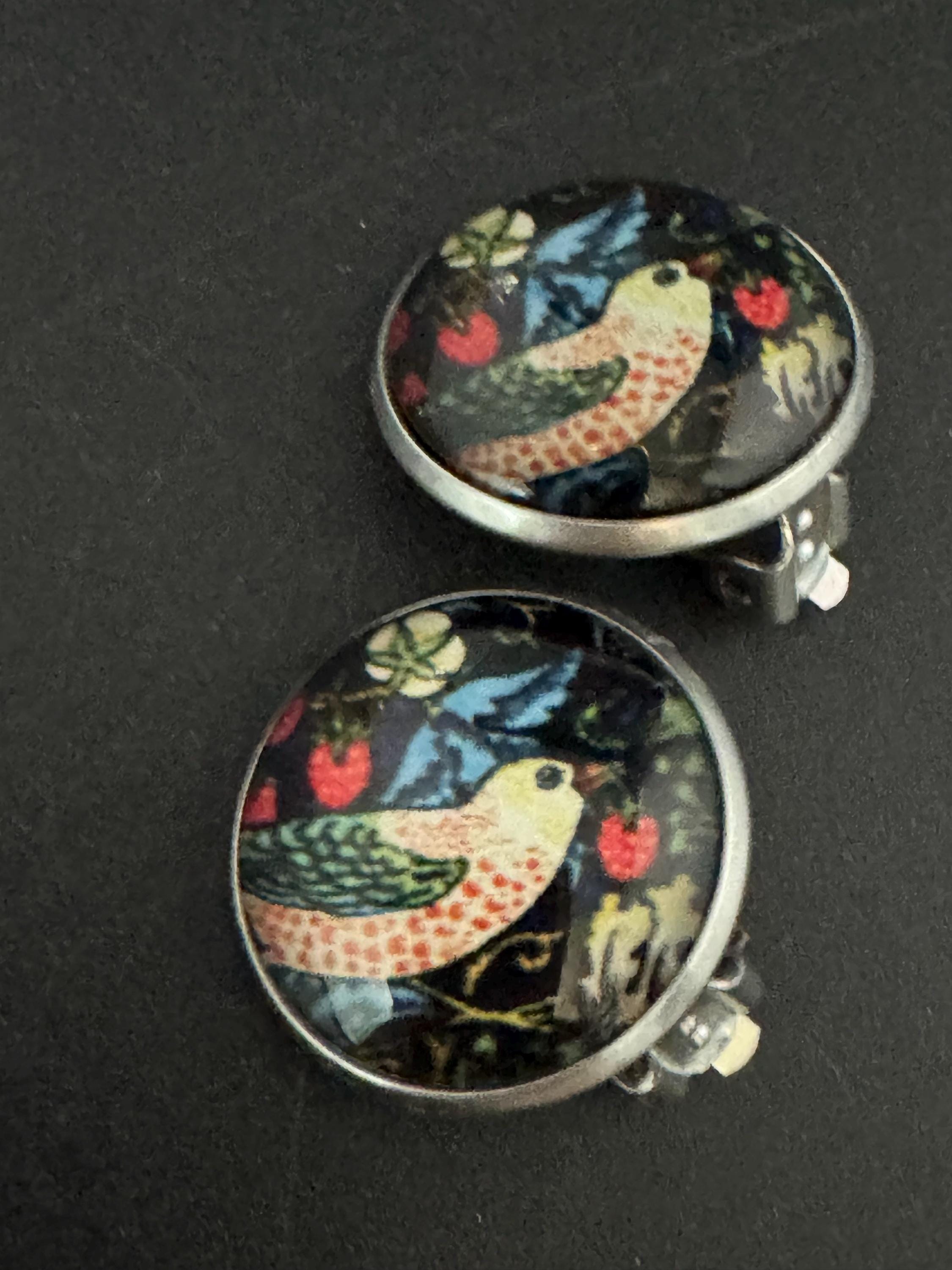 William Morris strawberry thief print clip on stud earrings, round glass cabochon