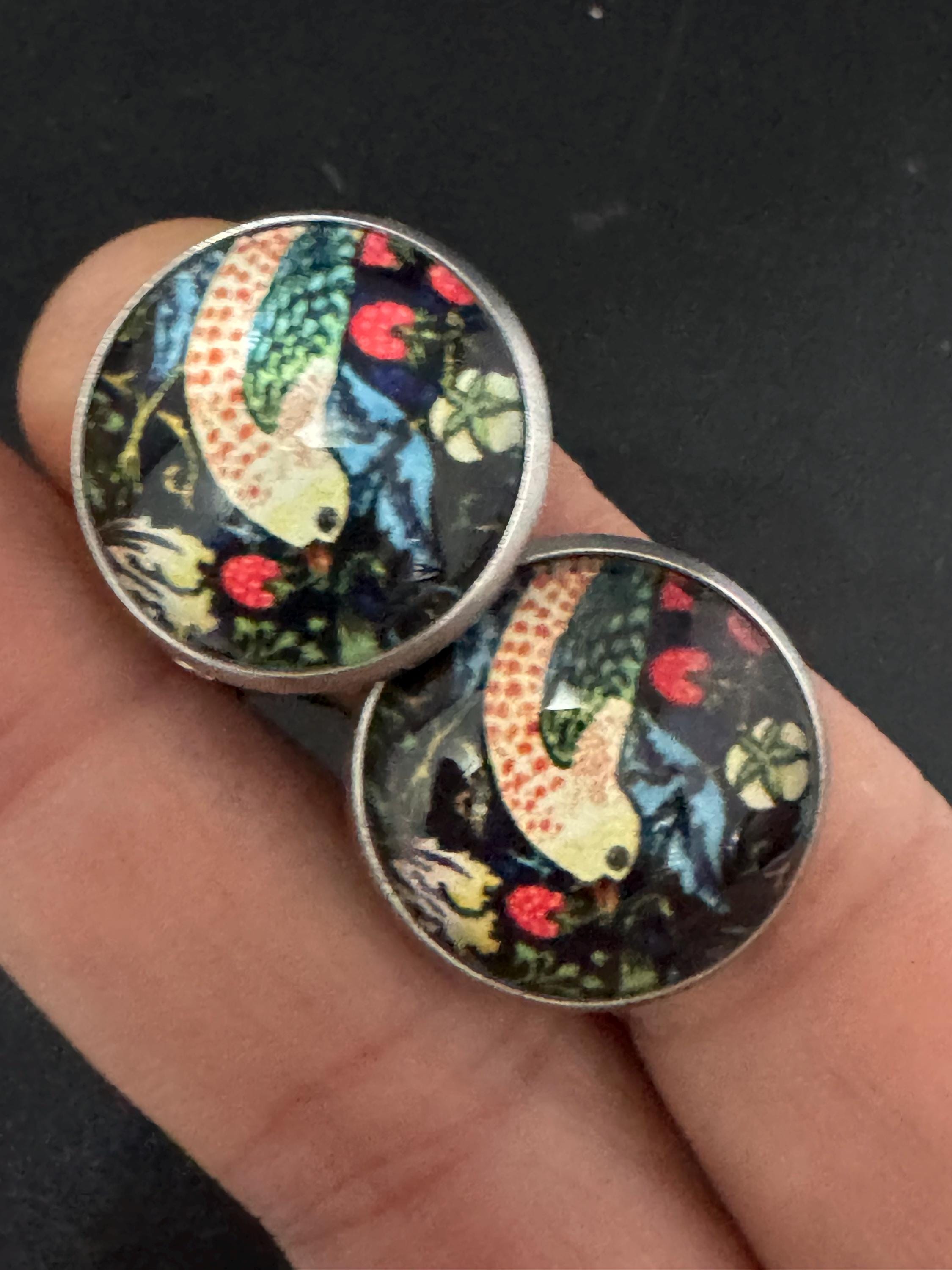 William Morris strawberry thief print clip on stud earrings, round glass cabochon
