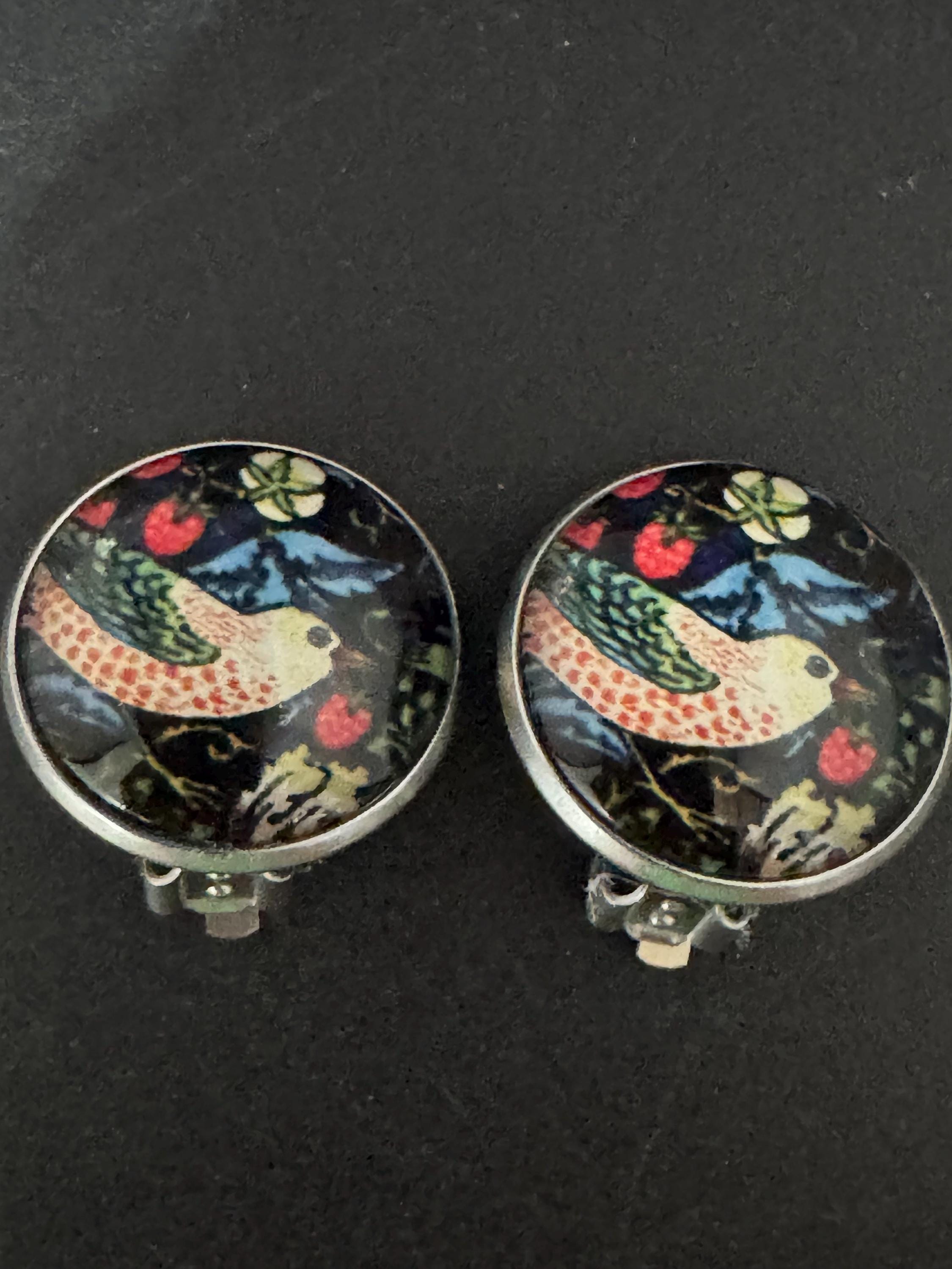 William Morris strawberry thief print clip on stud earrings, round glass cabochon
