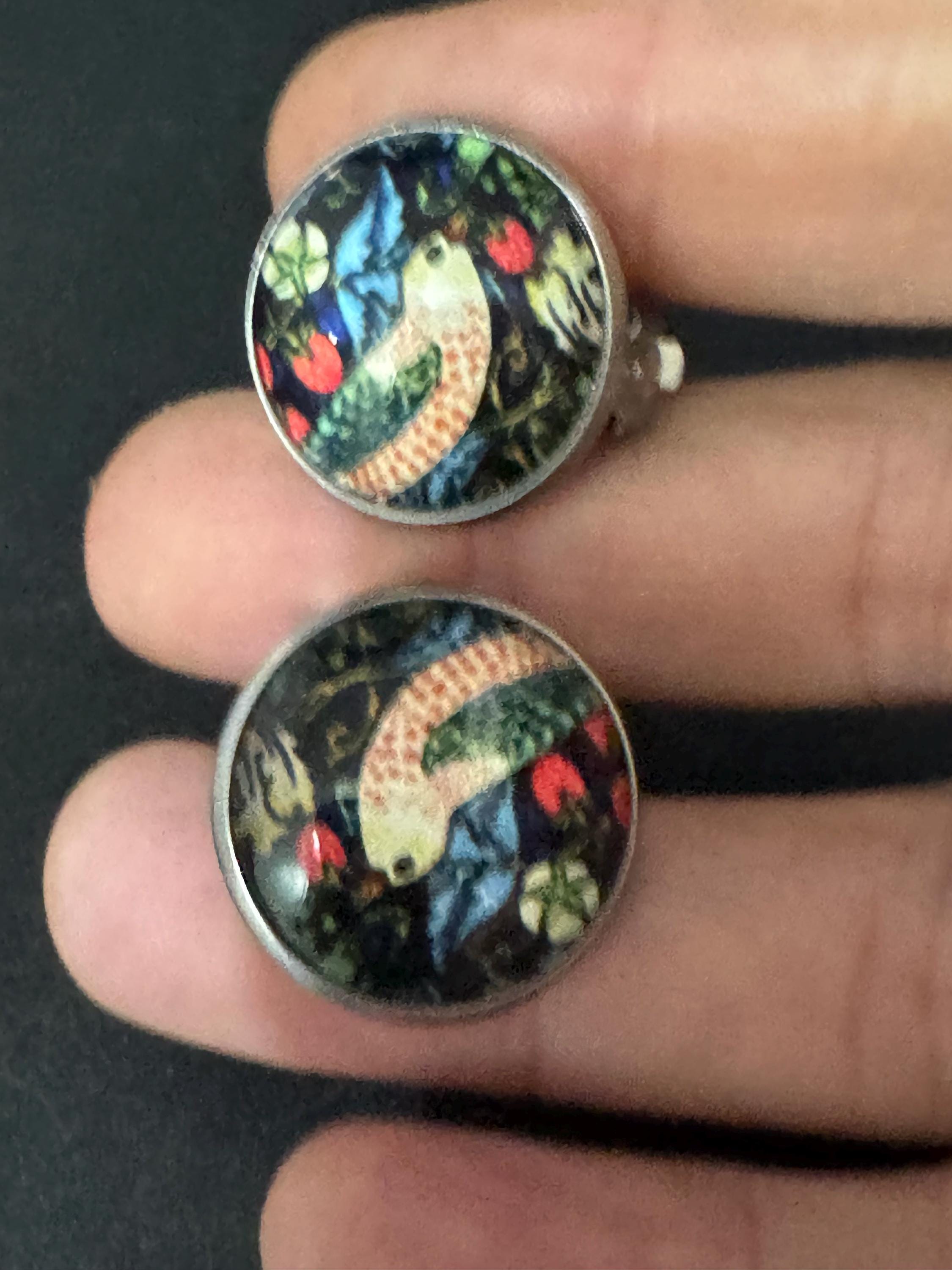 William Morris strawberry thief print clip on stud earrings, round glass cabochon