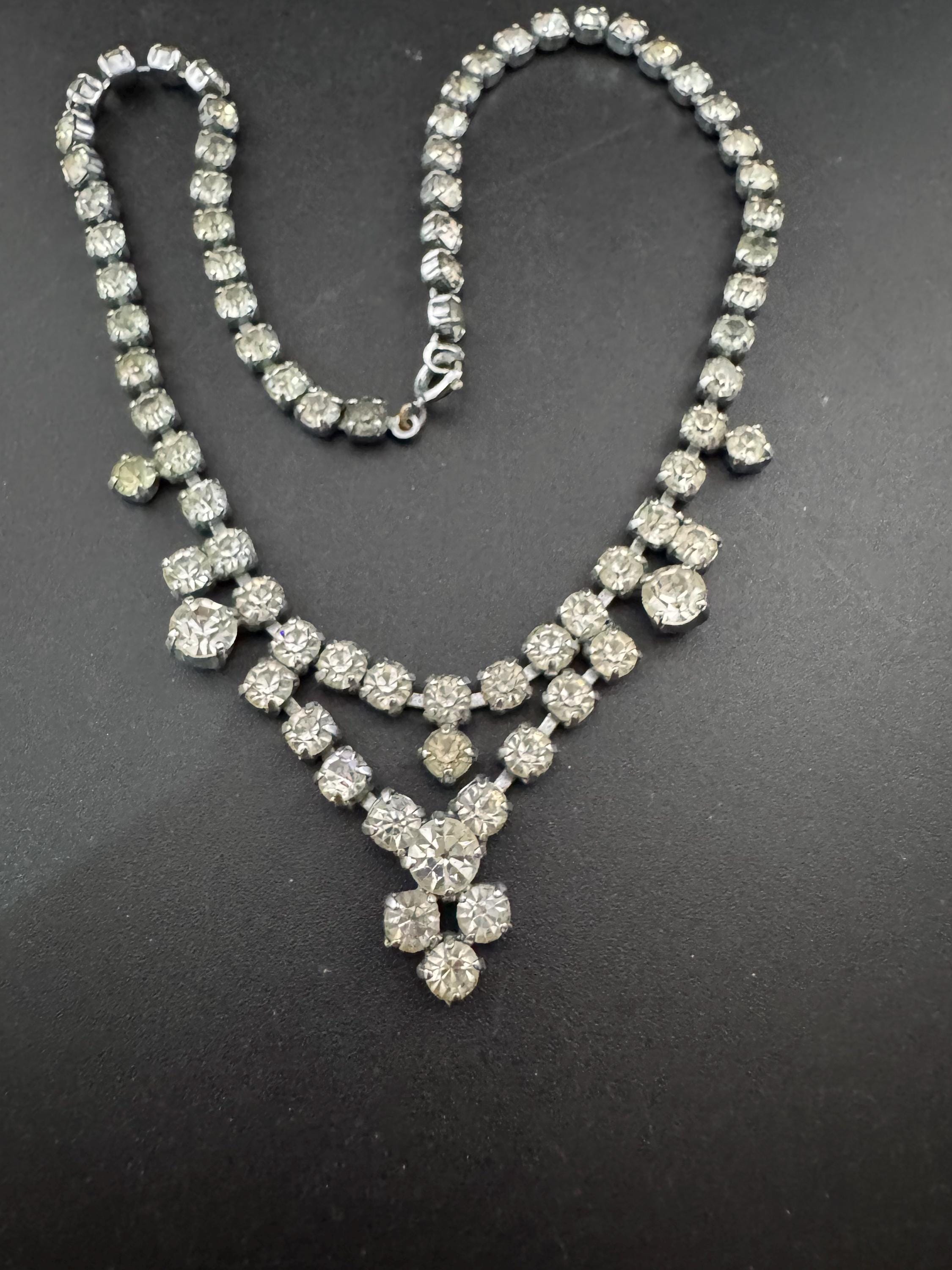 petite fit diamanté crystal drop necklace, clear glass rhinestones, vintage