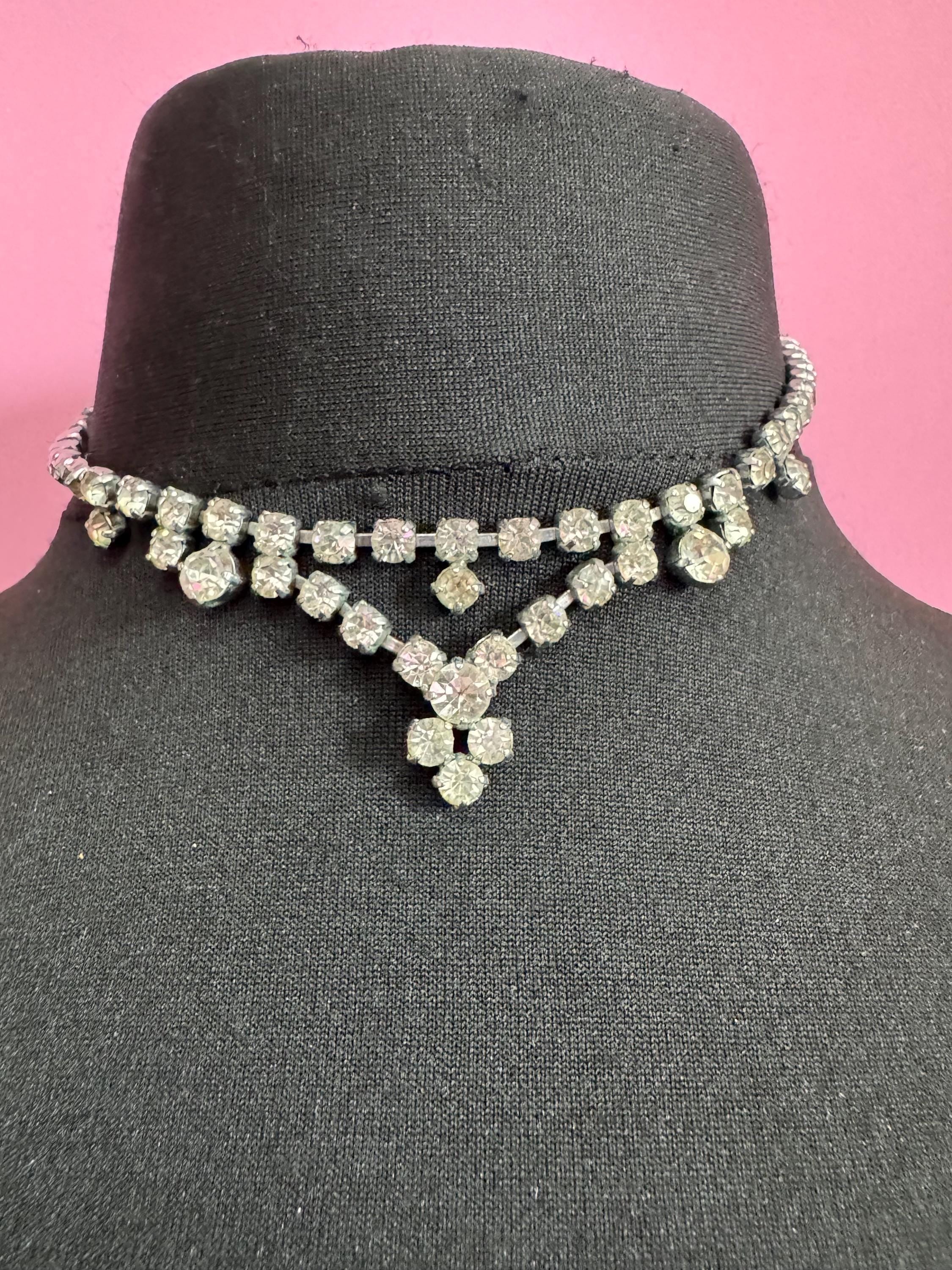 petite fit diamanté crystal drop necklace, clear glass rhinestones, vintage