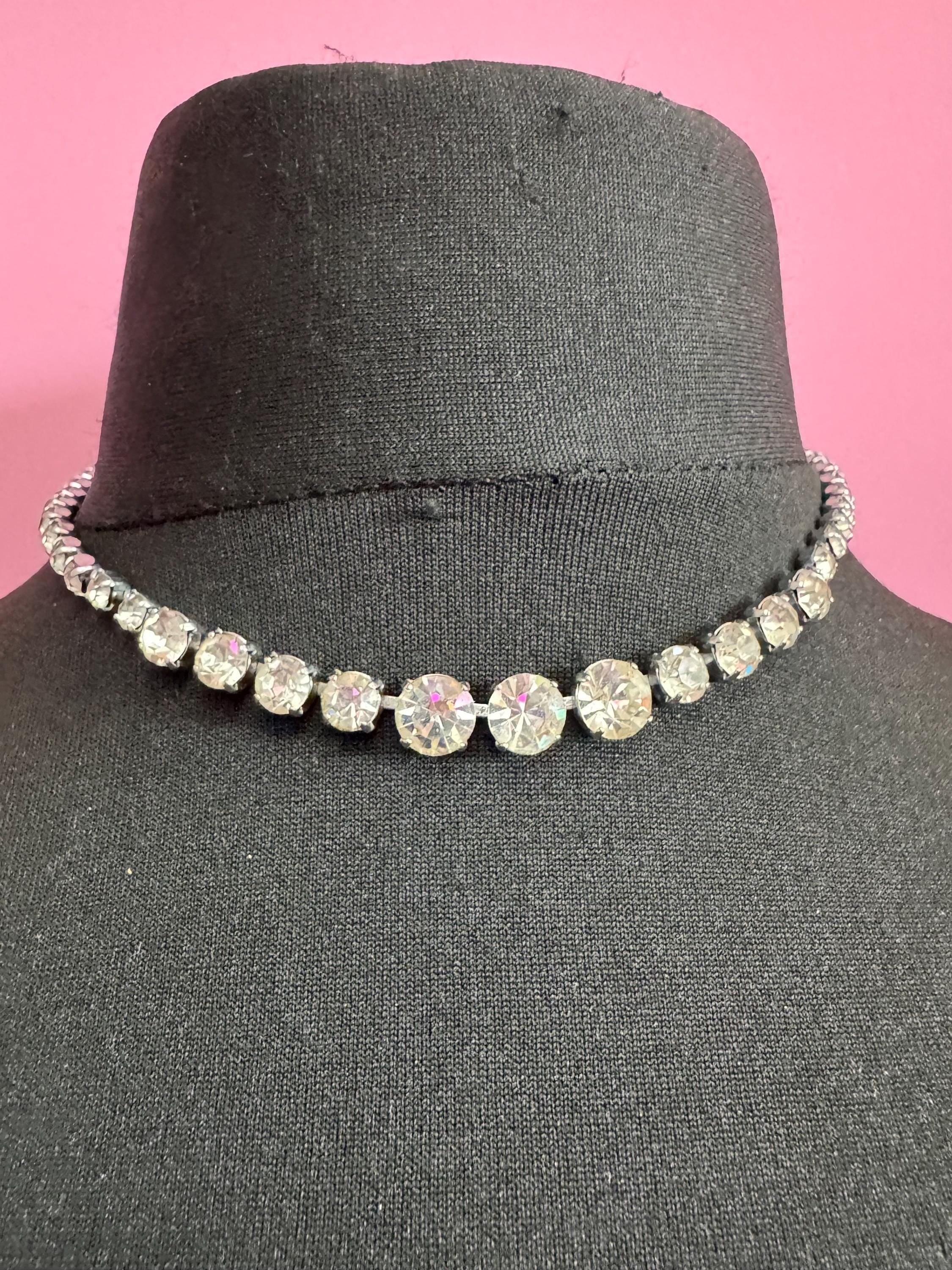 42cm diamanté crystal choker necklace, clear glass rhinestones, vintage