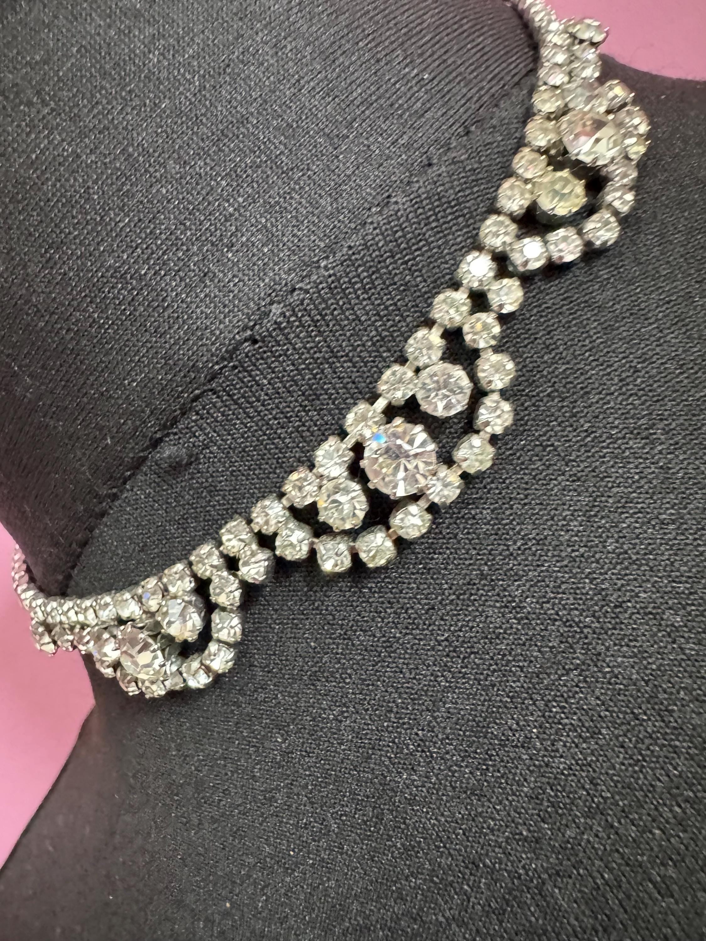 petite fit diamanté crystal collar choker necklace, clear glass rhinestones, vintage