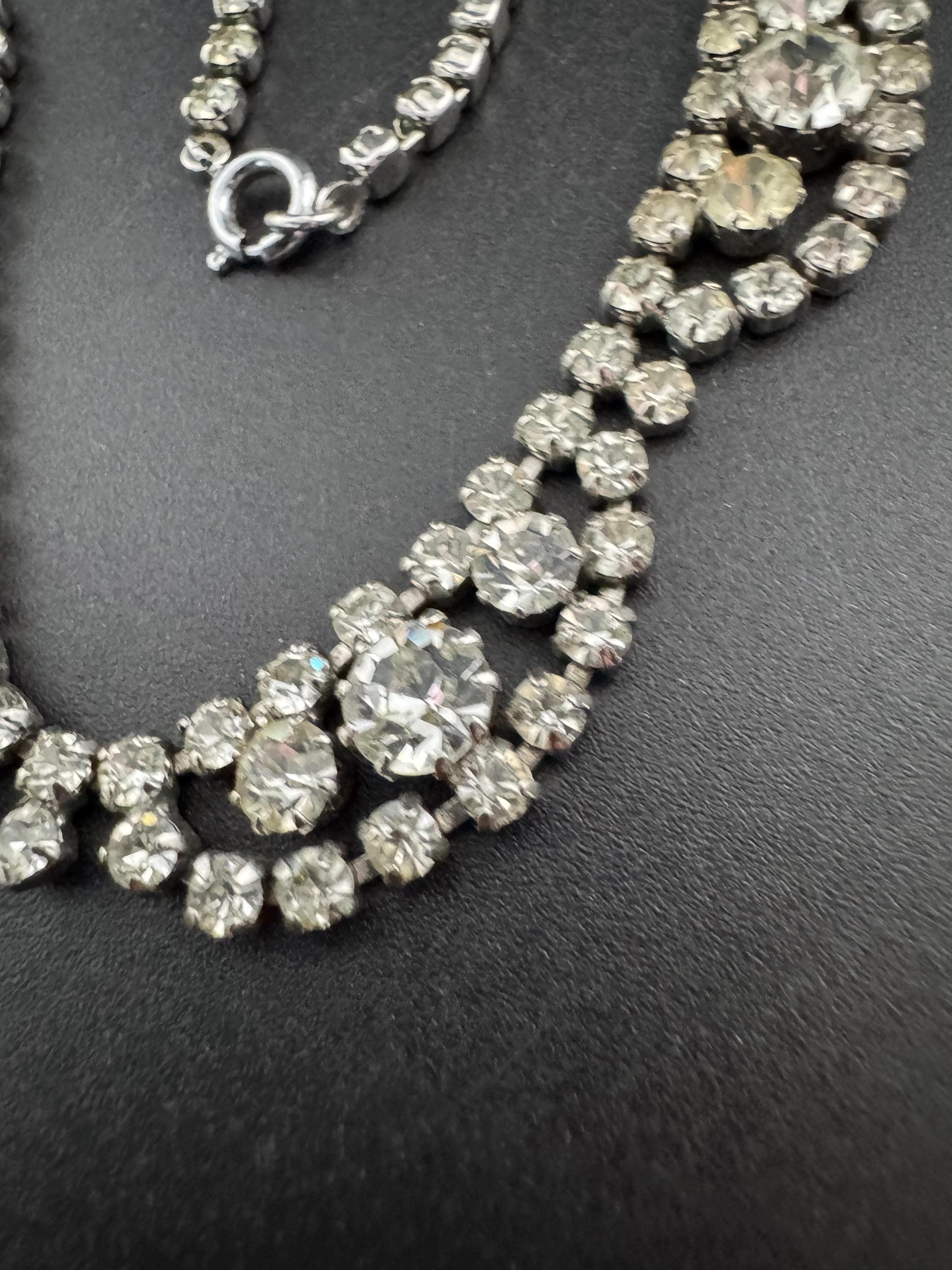 petite fit diamanté crystal collar choker necklace, clear glass rhinestones, vintage