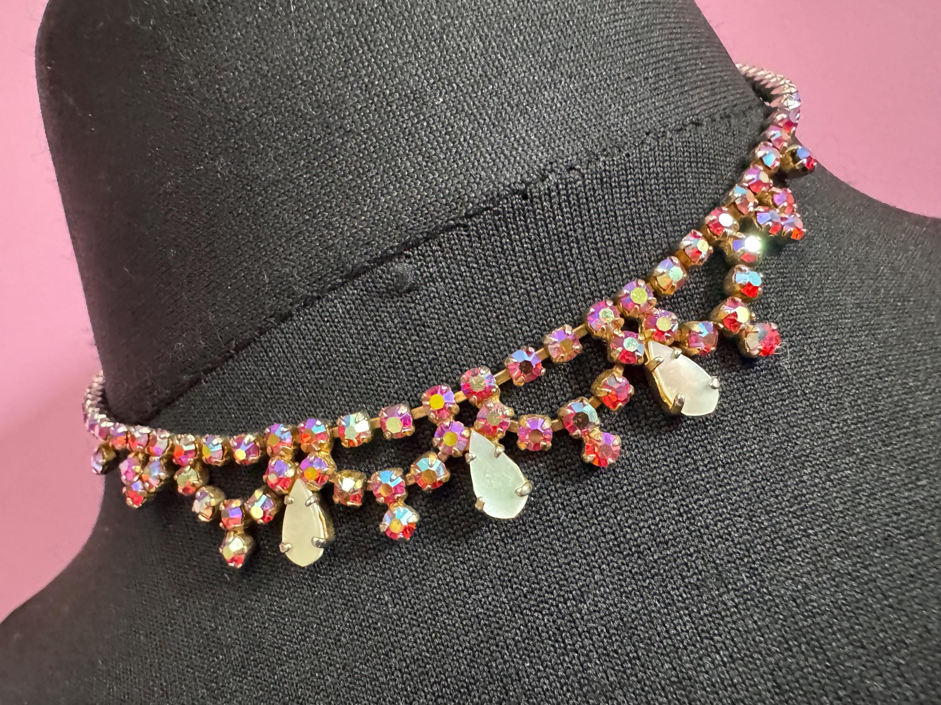 petite fit pink diamanté crystal drop necklace, AB glass rhinestones, vintage