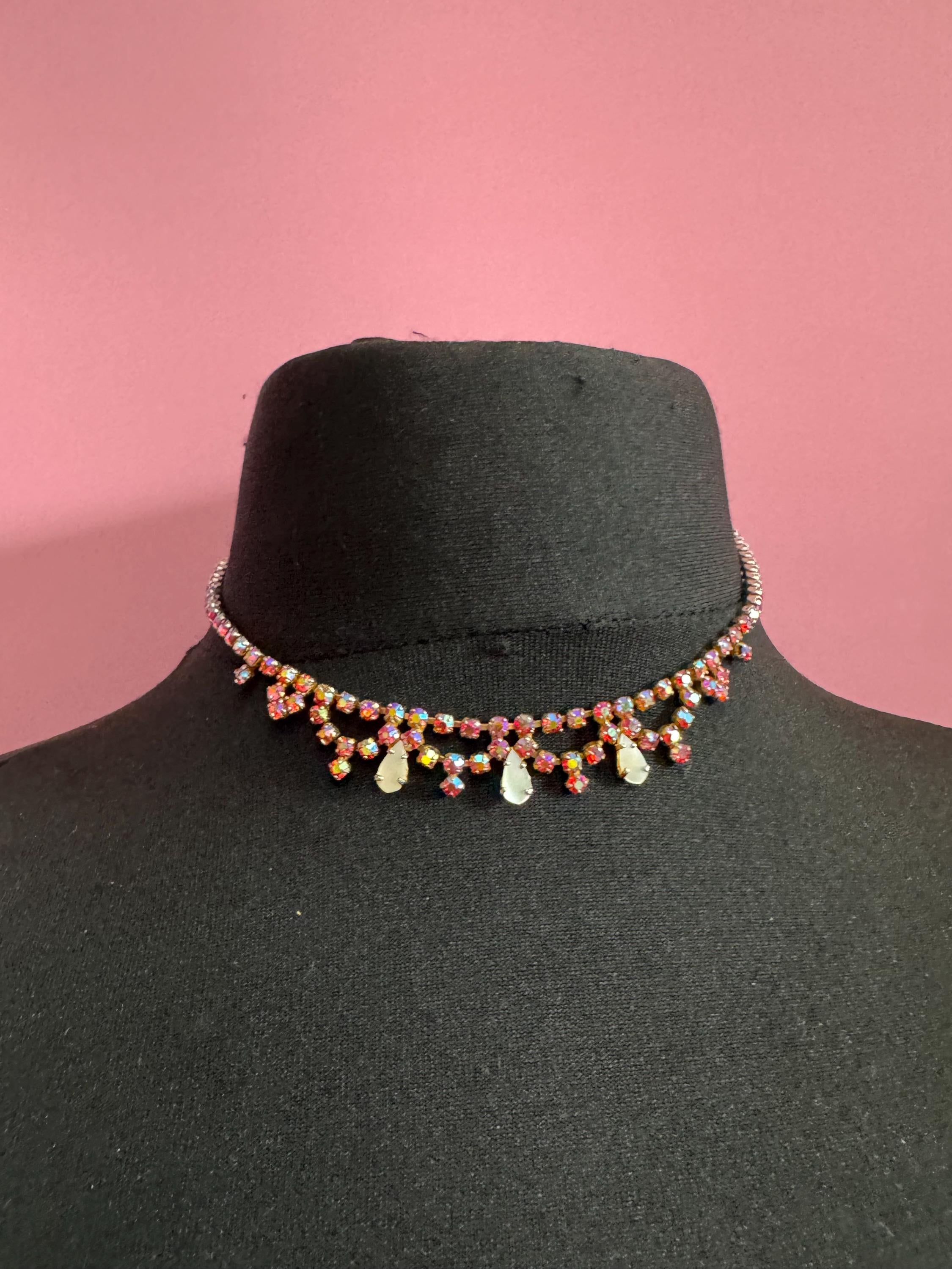 petite fit pink diamanté crystal drop necklace, AB glass rhinestones, vintage