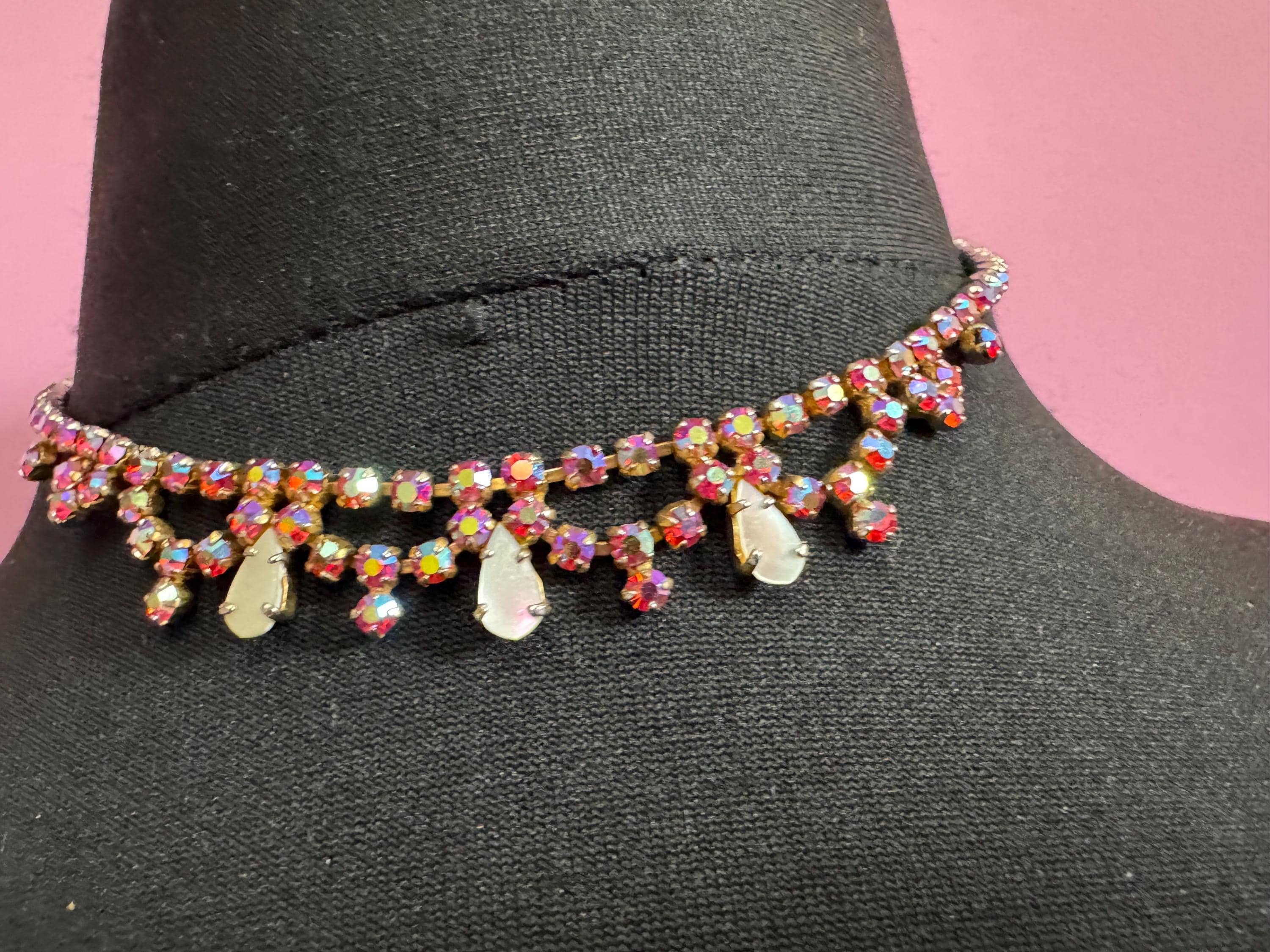 petite fit pink diamanté crystal drop necklace, AB glass rhinestones, vintage
