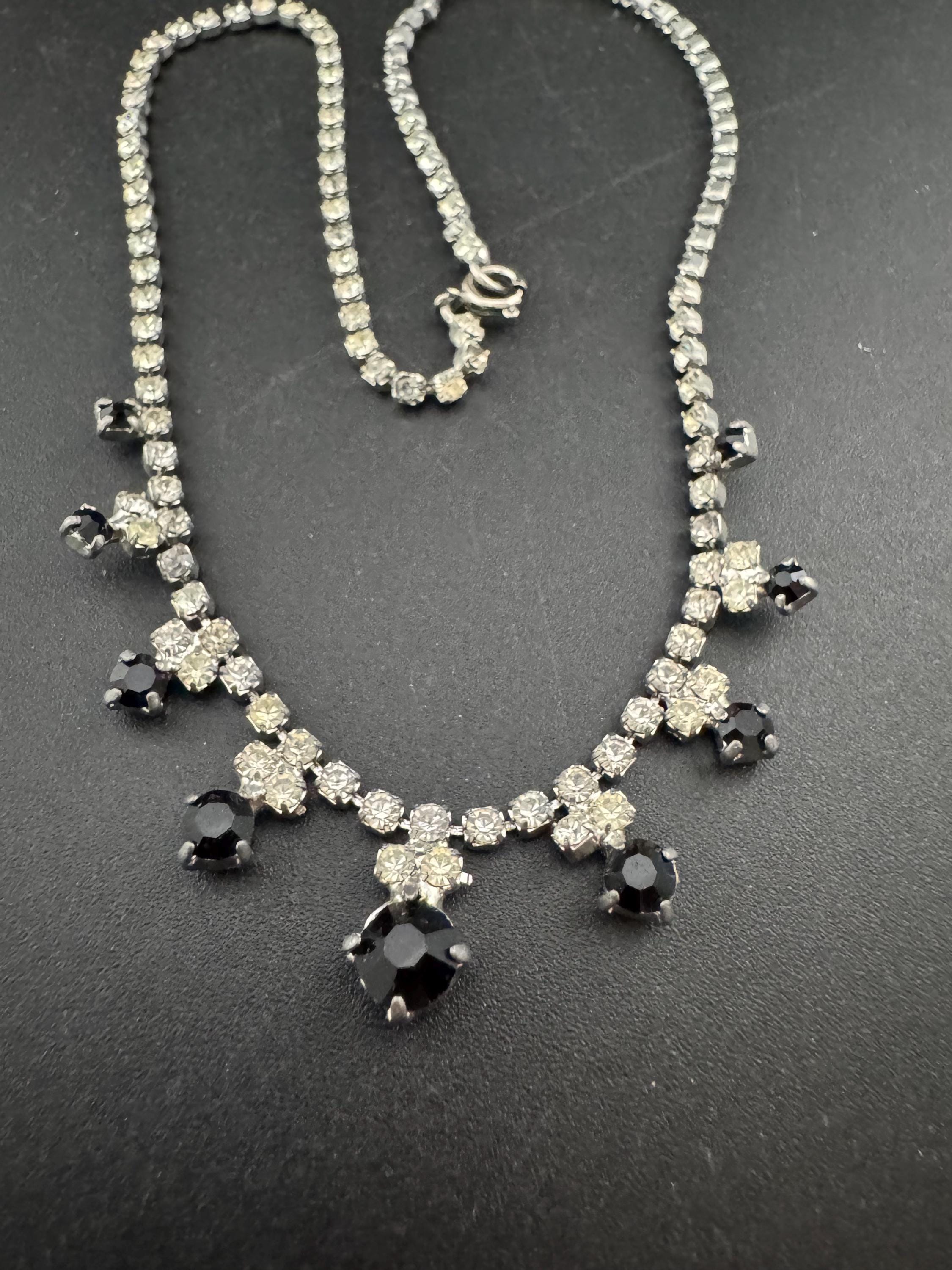 40cm diamanté crystal collar choker necklace, black and clear glass rhinestones, vintage