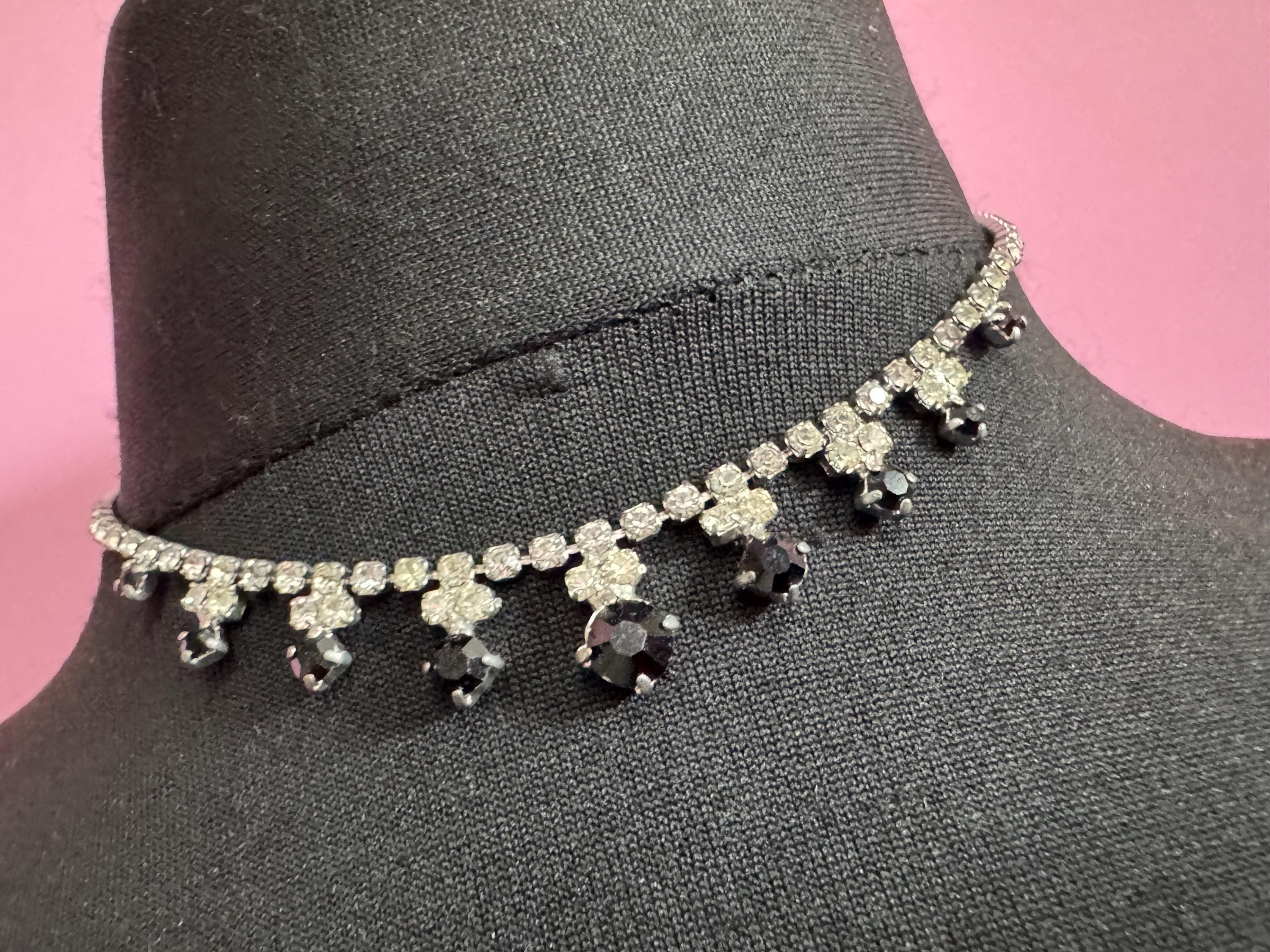 40cm diamanté crystal collar choker necklace, black and clear glass rhinestones, vintage