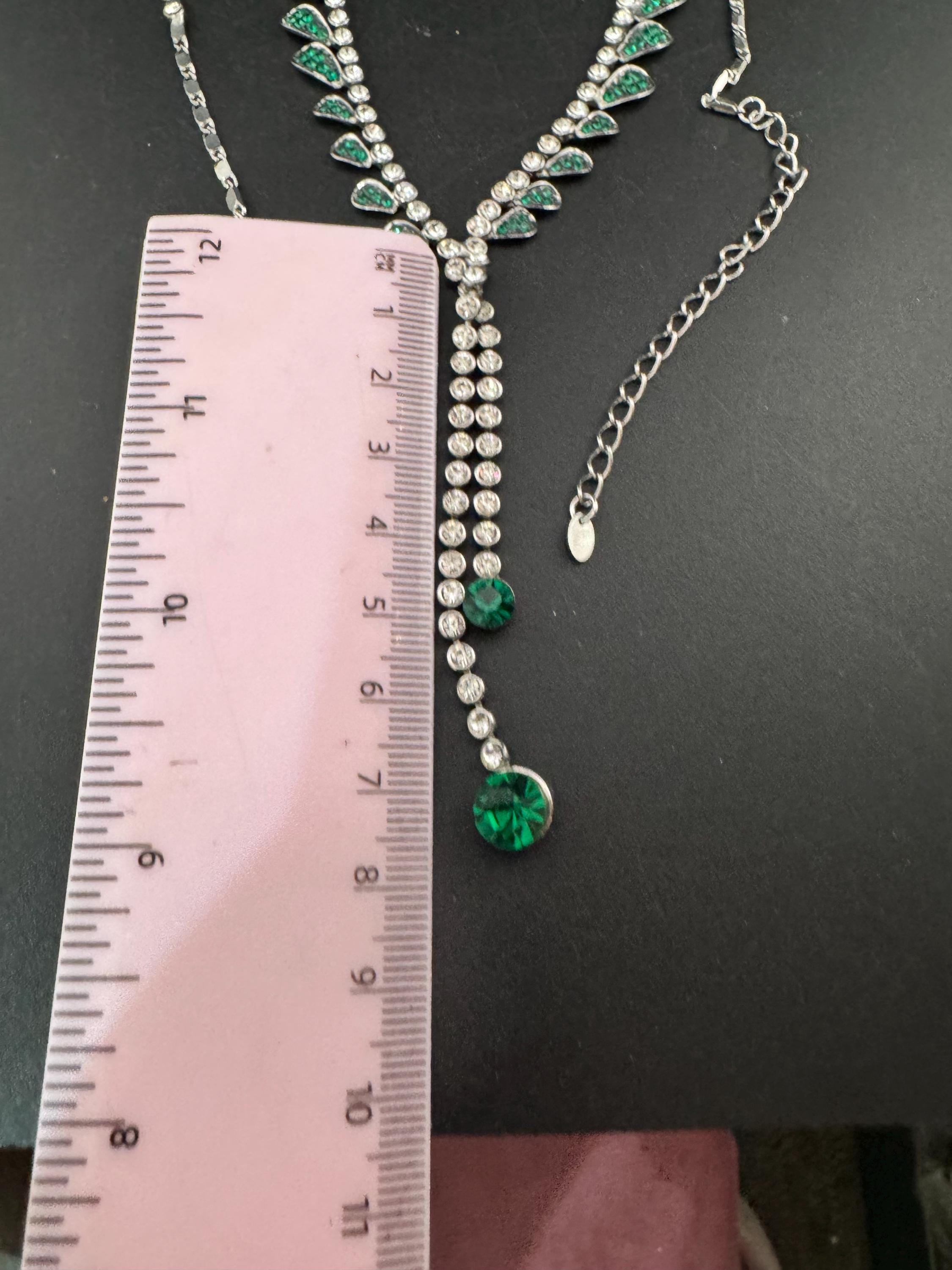 Emerald diamanté crystal drop necklace, glass rhinestones, retro