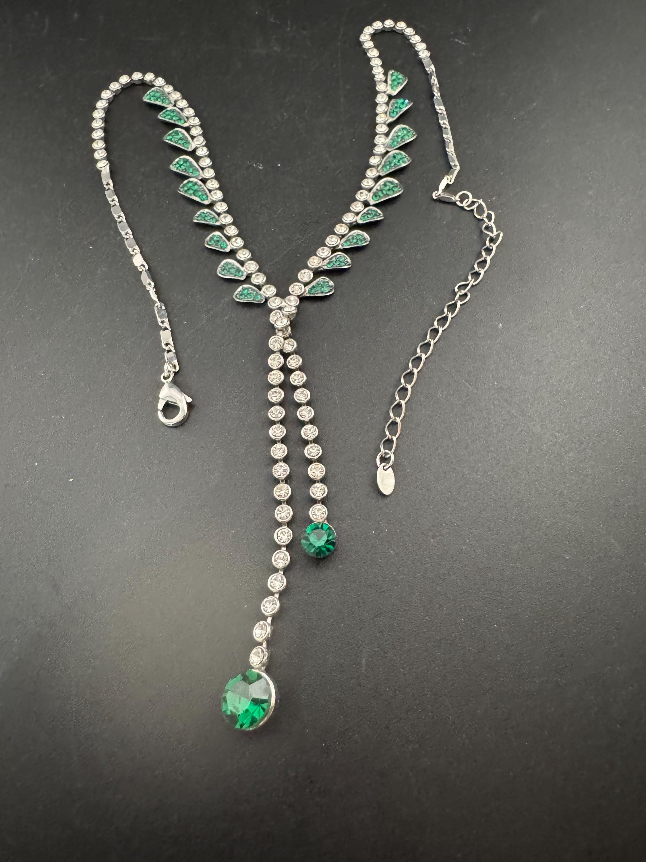 Emerald diamanté crystal drop necklace, glass rhinestones, retro
