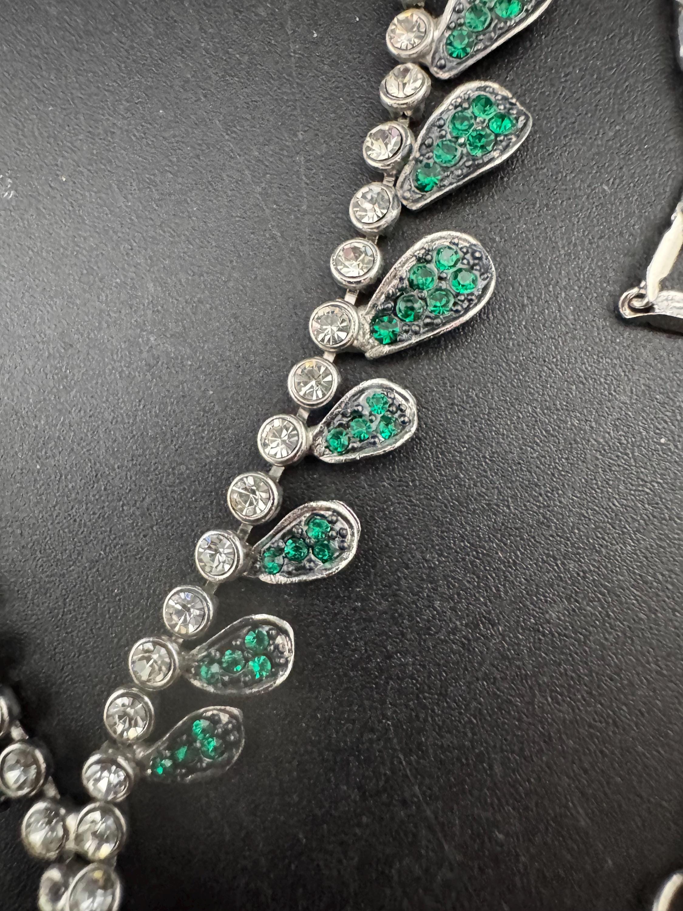 Emerald diamanté crystal drop necklace, glass rhinestones, retro