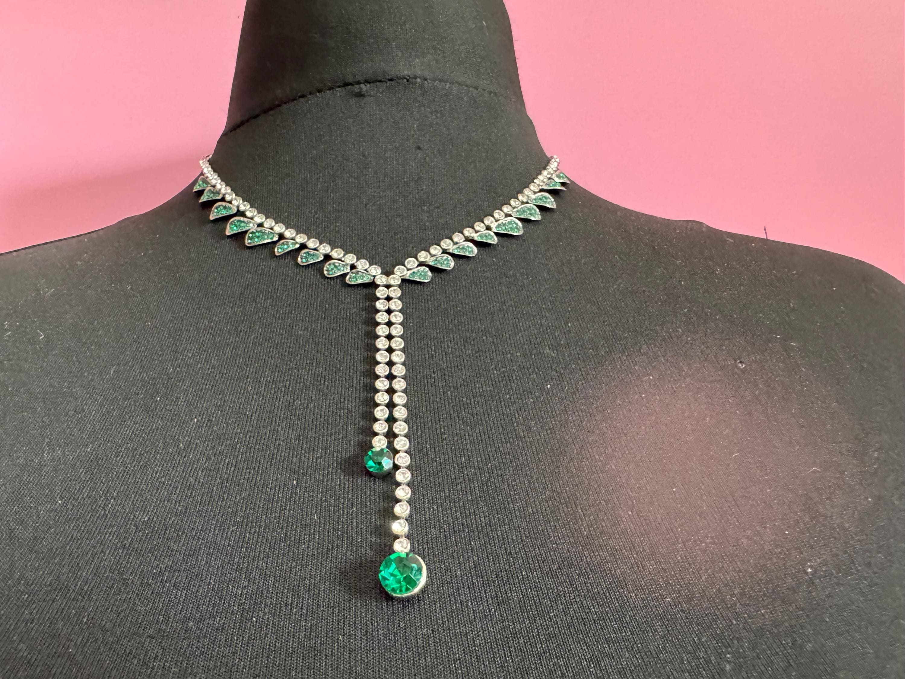 Emerald diamanté crystal drop necklace, glass rhinestones, retro