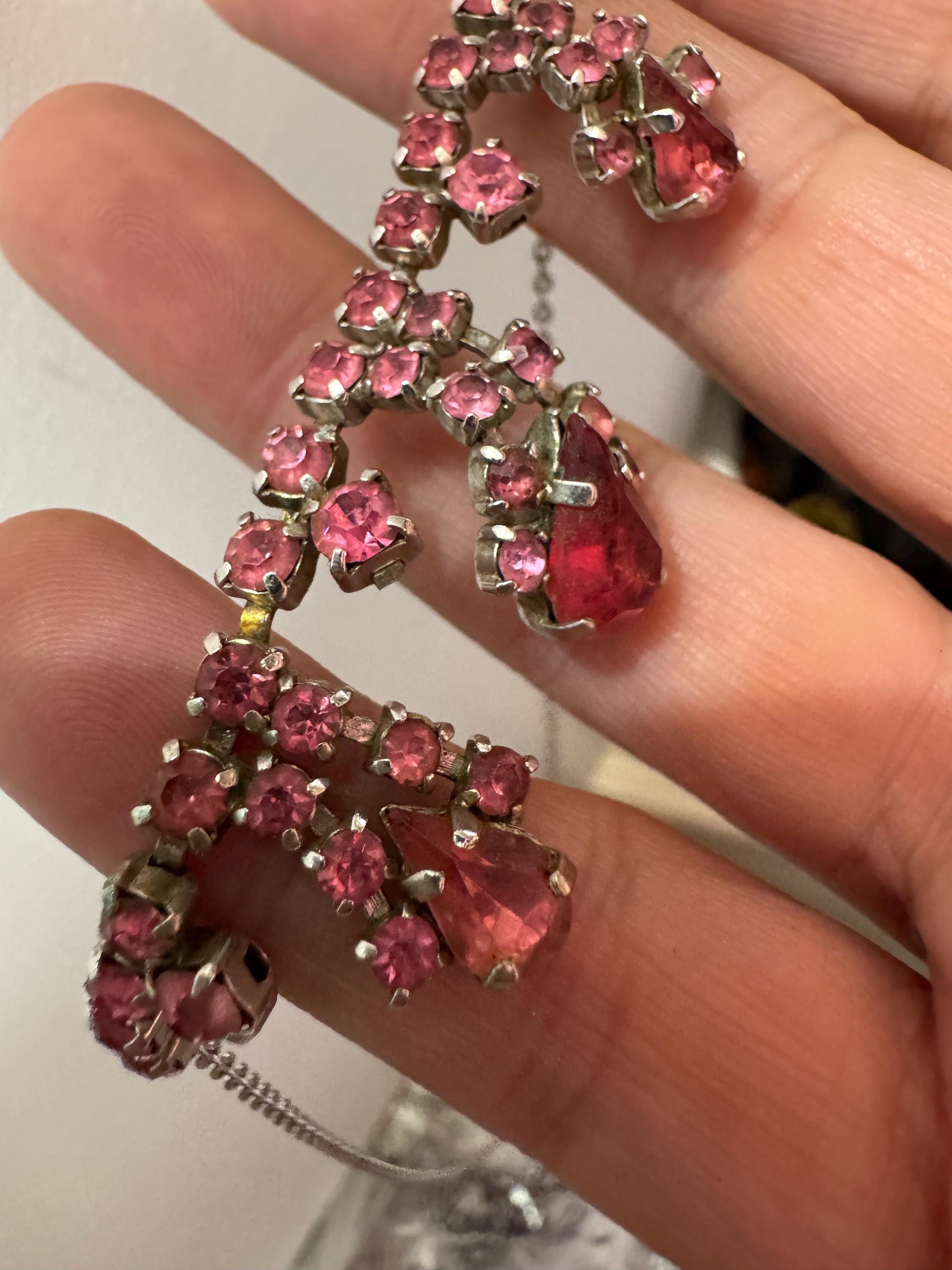 43cm pink diamanté crystal drop necklace, fine chain, glass rhinestones, vintage