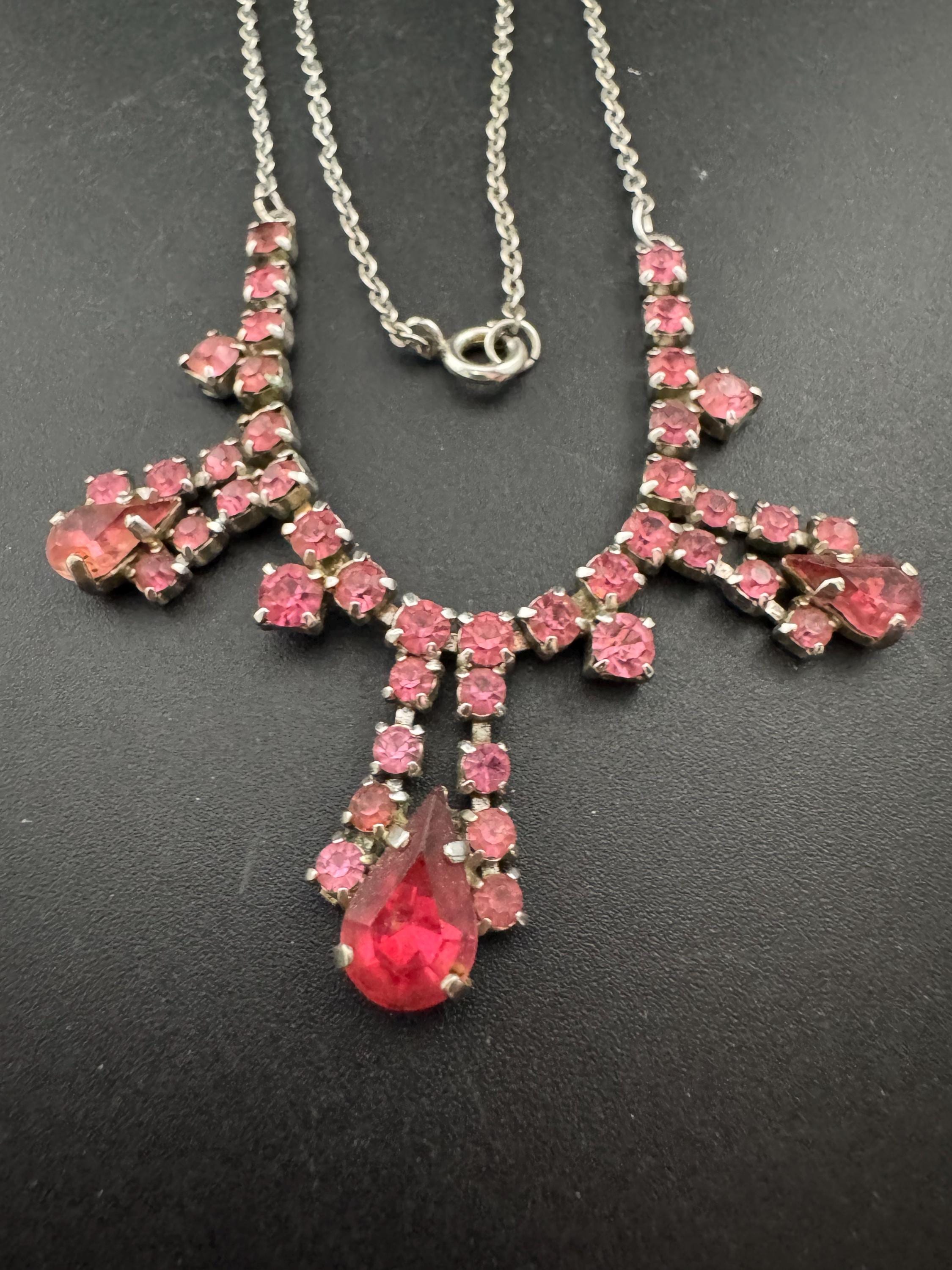 43cm pink diamanté crystal drop necklace, fine chain, glass rhinestones, vintage