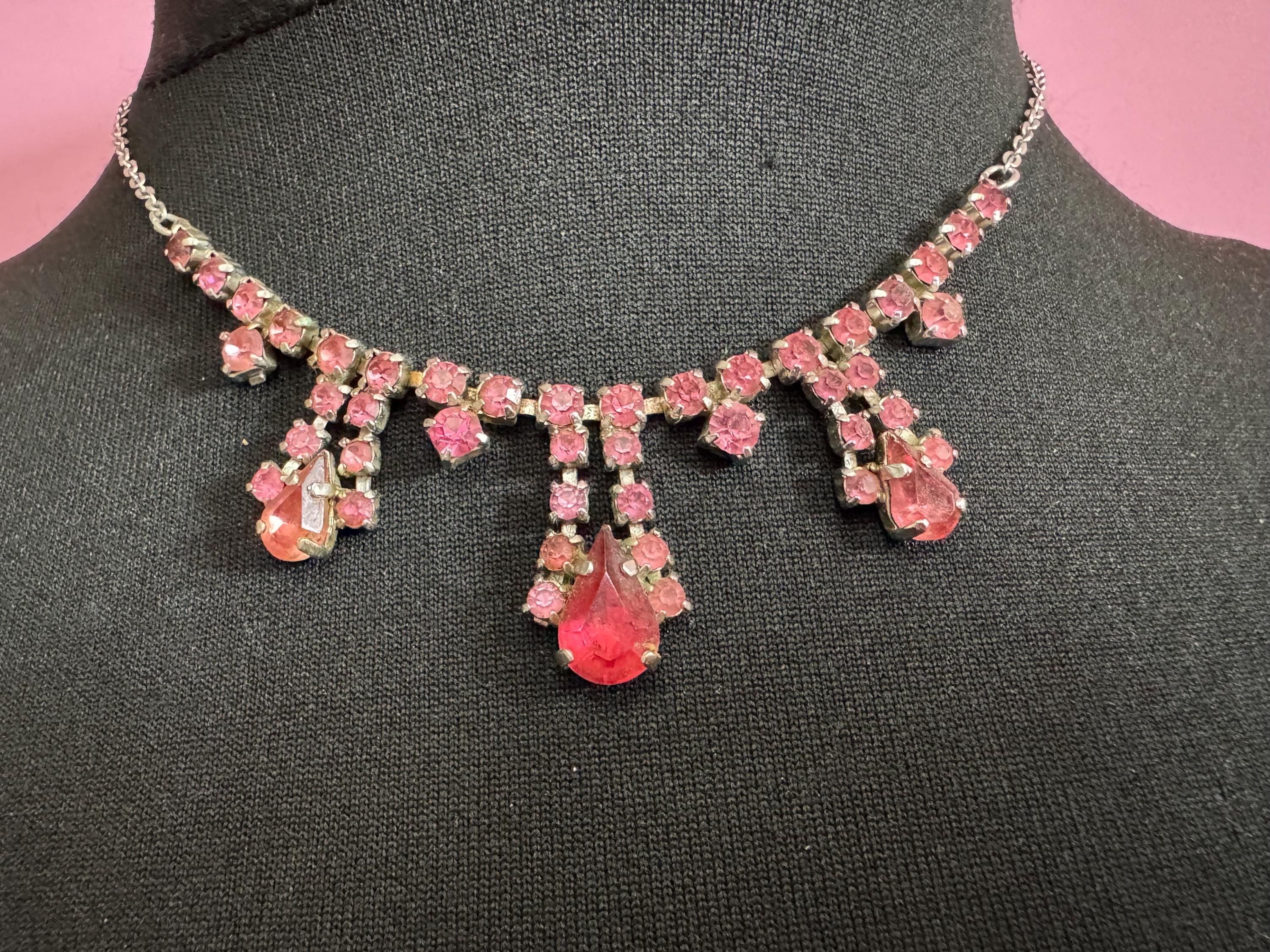 43cm pink diamanté crystal drop necklace, fine chain, glass rhinestones, vintage