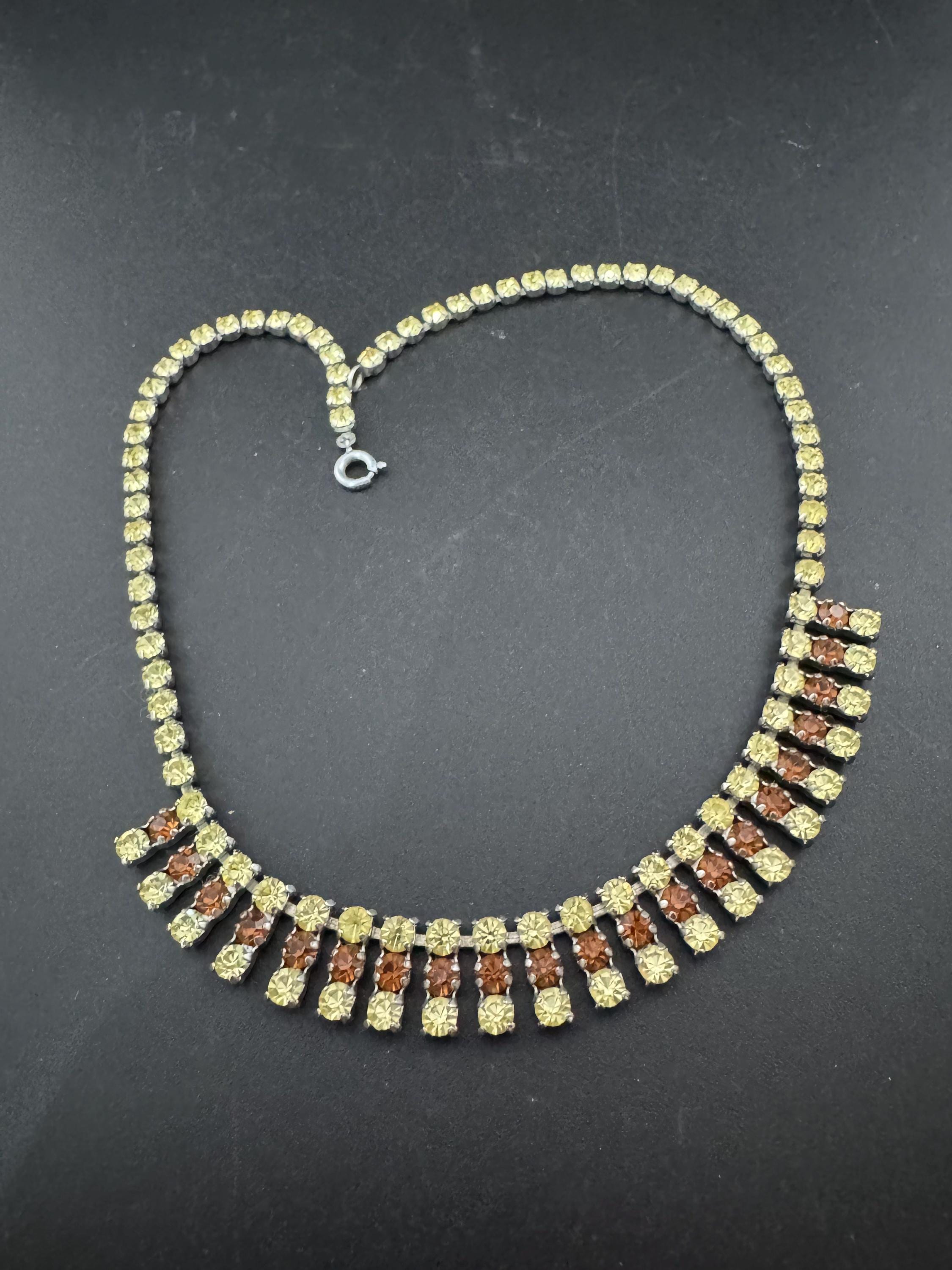 40cm diamanté crystal collar choker necklace, brown and yellow glass rhinestones, vintage