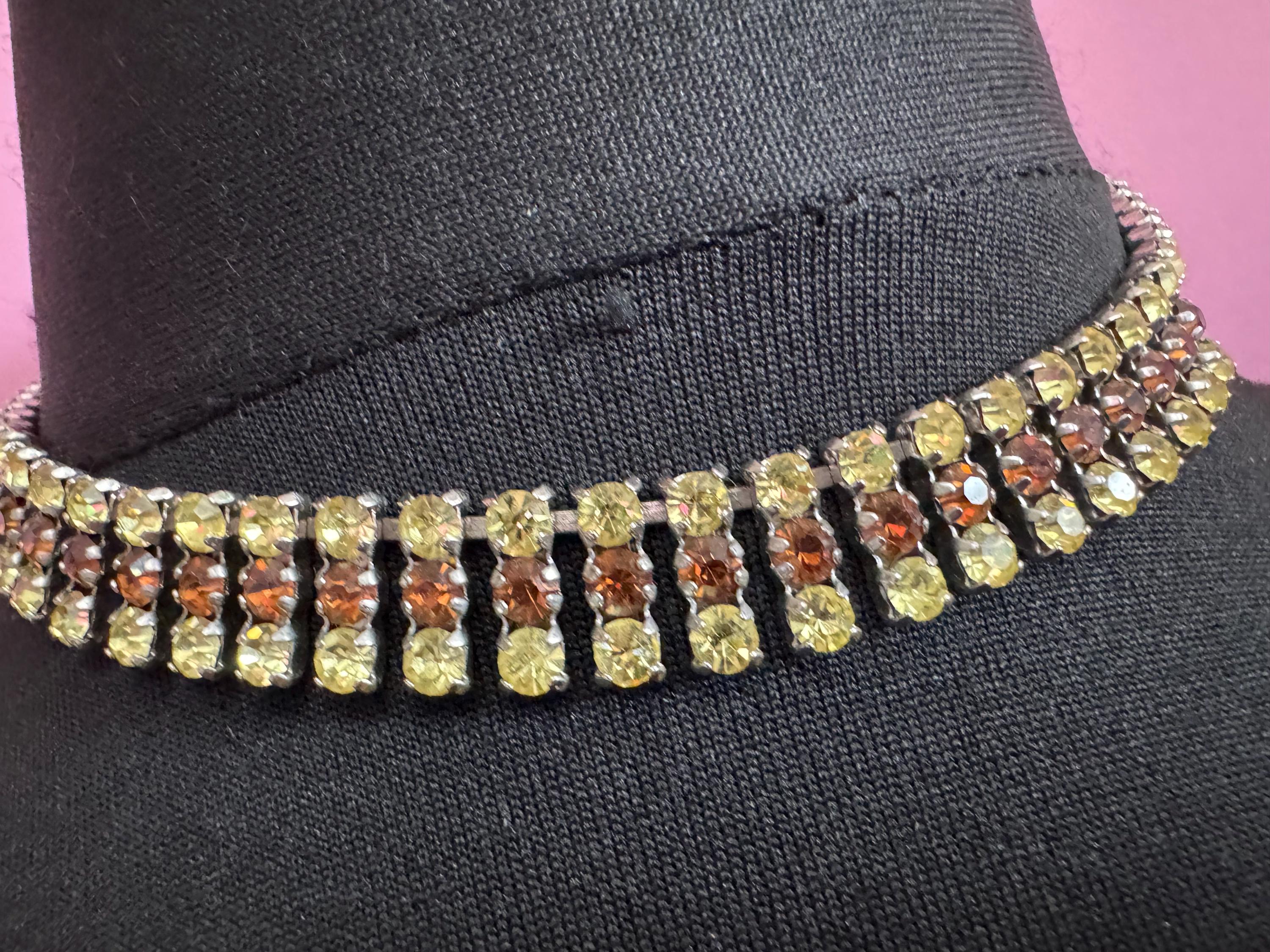 40cm diamanté crystal collar choker necklace, brown and yellow glass rhinestones, vintage