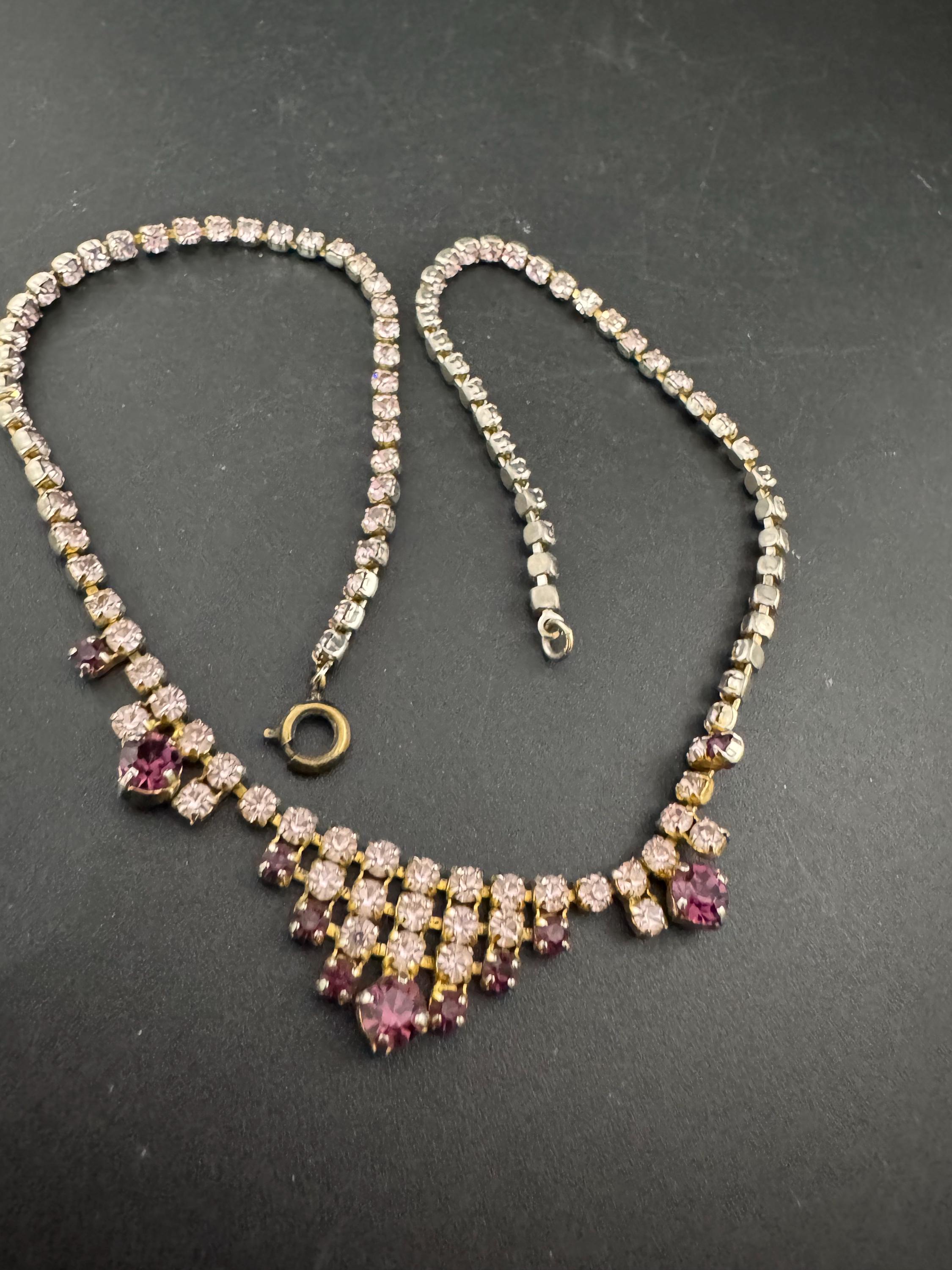petite fit 39.5cm purple pink diamanté crystal drop necklace, glass rhinestones, vintage
