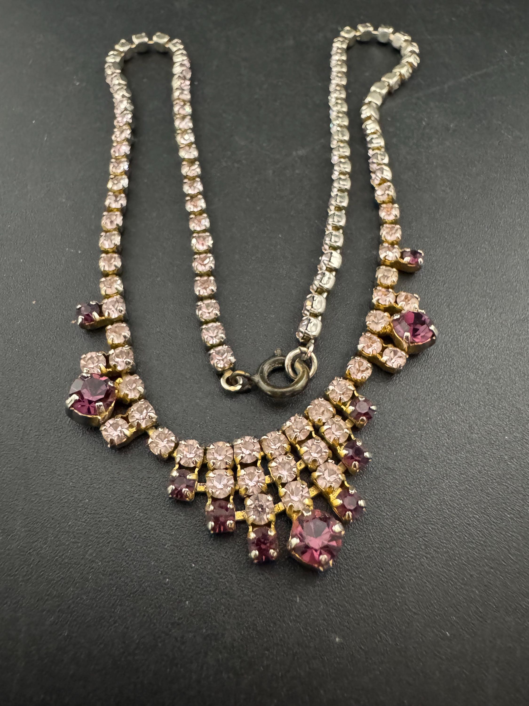 petite fit 39.5cm purple pink diamanté crystal drop necklace, glass rhinestones, vintage