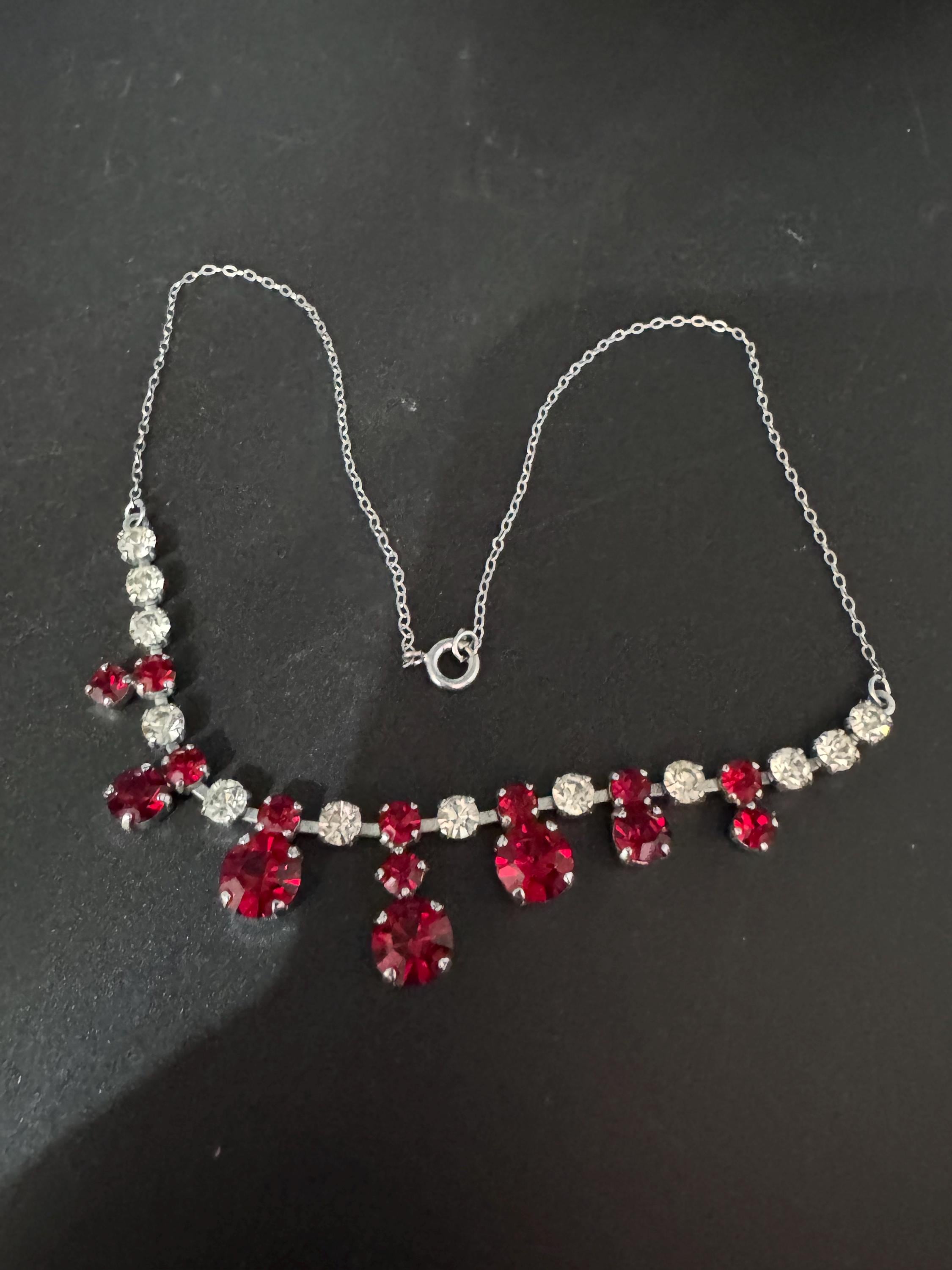42cm Ruby red diamanté crystal drop necklace, fine chain, glass rhinestones, vintage